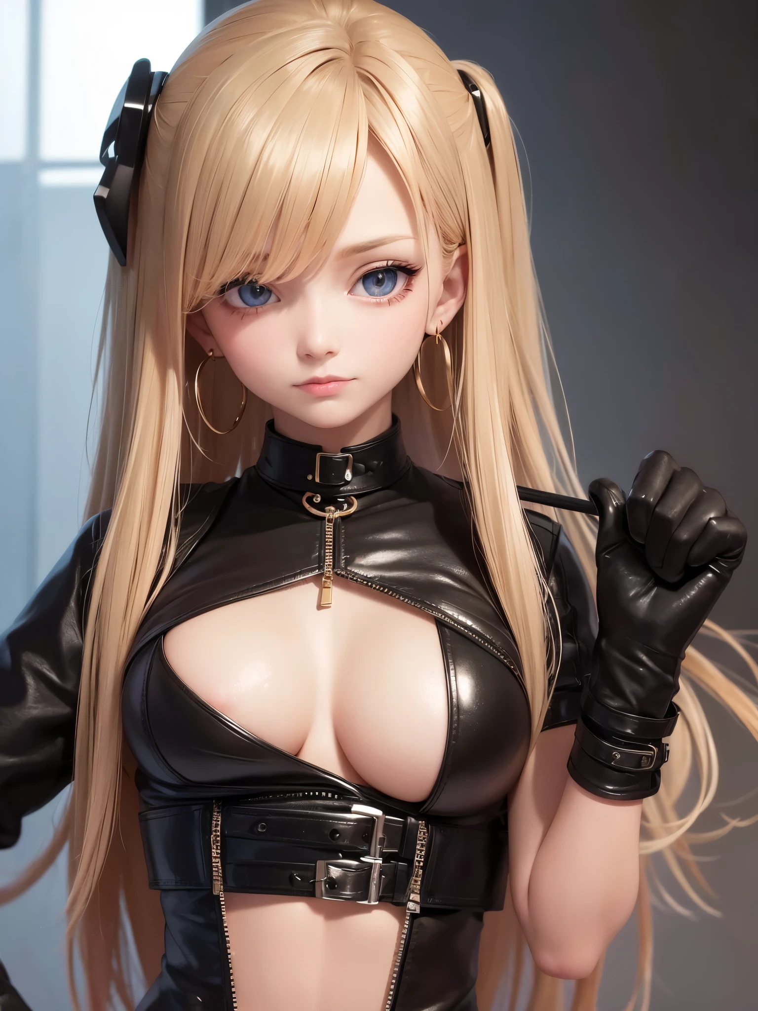 (masterpiece,Side seams,beautiful eyes:1.2),(masterpiece*sportswear),sportswear,bust,(bust),lifelike,anatomically correct,3D face,sweet skin,(alone),Blonde hair and pickaxe dyeing,gradient hair,(face close-up),cute face,(fire opal scarlet eyes),Hanging corners of eyes,((High detail skin,Visible pores)),beautiful girl,small breasts,((women's short leather jacket)),((shirt)),(earrings),(neck strap),very short gloves,(chain)