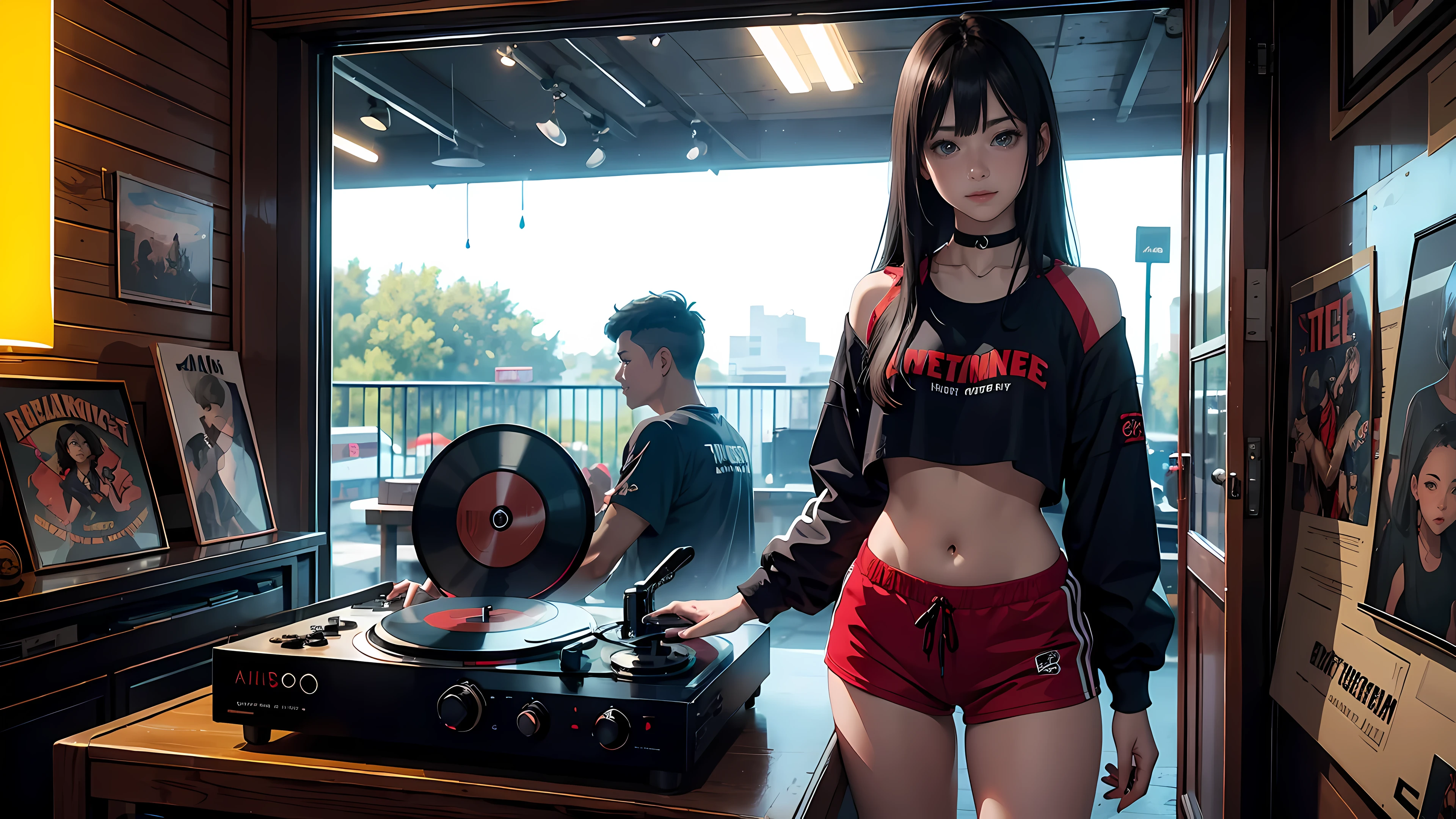 18 year old girl, long black hair, big eyes, sweet smile, small breasts, thin hips,
choker collar, red crop top, bare midriff, red gym shorts,
standing, open door, open window,
record store, vinyl, turntable, DJ equipment,
evening, nighttime,
dramatic lighting, cinematic lighting,
masterpiece, best quality