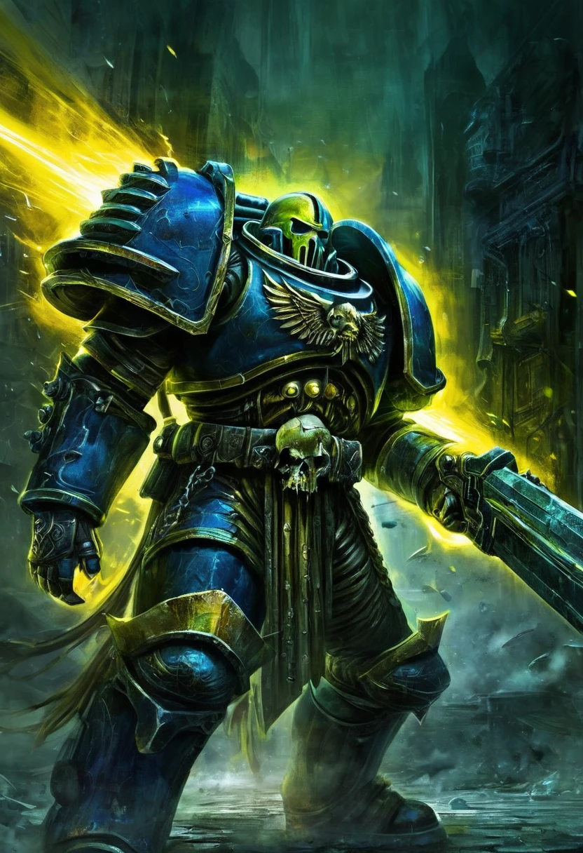 (best quality,ultra-detailed,realistic,highres,masterpiece:1.2),chaos space marine in warhammer 40k, [broken](colorful:0.9), holy reliquary, [reaching for](determined:1.1) the [Luminous chain sword](glowing:1.1), [solely lit](dimly lit:0.9) by the [sword's glow](luminous), [indicators on the marine](faintly lit), (eerie atmosphere,ominous), [ancient symbols](mystical:1.1), [dusty and aged](weathered) surroundings, [powerful armor](armored), [battle scars](battle-worn), [tension](intense), [sinister energy](dark:1.1), (contrasting shadows,subtle lighting), (action-packed, dynamic), [dystopian landscape](post-apocalyptic:1.1), [industrial elements](mechanical), [war-torn scene](destruction), (abandoned,desolate), [ominous aura](foreboding), vibrant [color palette](rich colors), [(distorted) reflections](mirrored), (aural chaos,sounds of battle,echoing footsteps), [epic confrontation](high stakes), [cascading sparks](electricity), [intense atmosphere](charged), explosive [visual effects](dramatic), [tense composition](balanced), [impressive details](intricate), [contrasting textures](variety of surfaces), (dramatic composition, dynamic angles), [ominous presence](menacing). Please note，The above prompt is exemplary，You can play as much as you want，Add or remove details，But please ensure overall high quality and consistency，and consistent with the given theme。