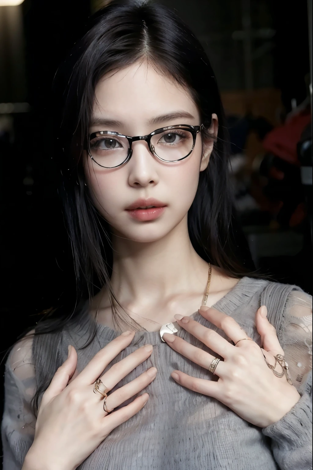 A closeup of a woman with glasses and a gray shirt, wearing black-rimmed glasses, unhas compridas, trindade da matriz, very unhas compridas, unhas pintadas, olhar sexy encantado, com tatuagens, unhas compridas, dedo do meio, garras longas, with very thin lips, æon flux style mix, tirada em meados dos anos 2000