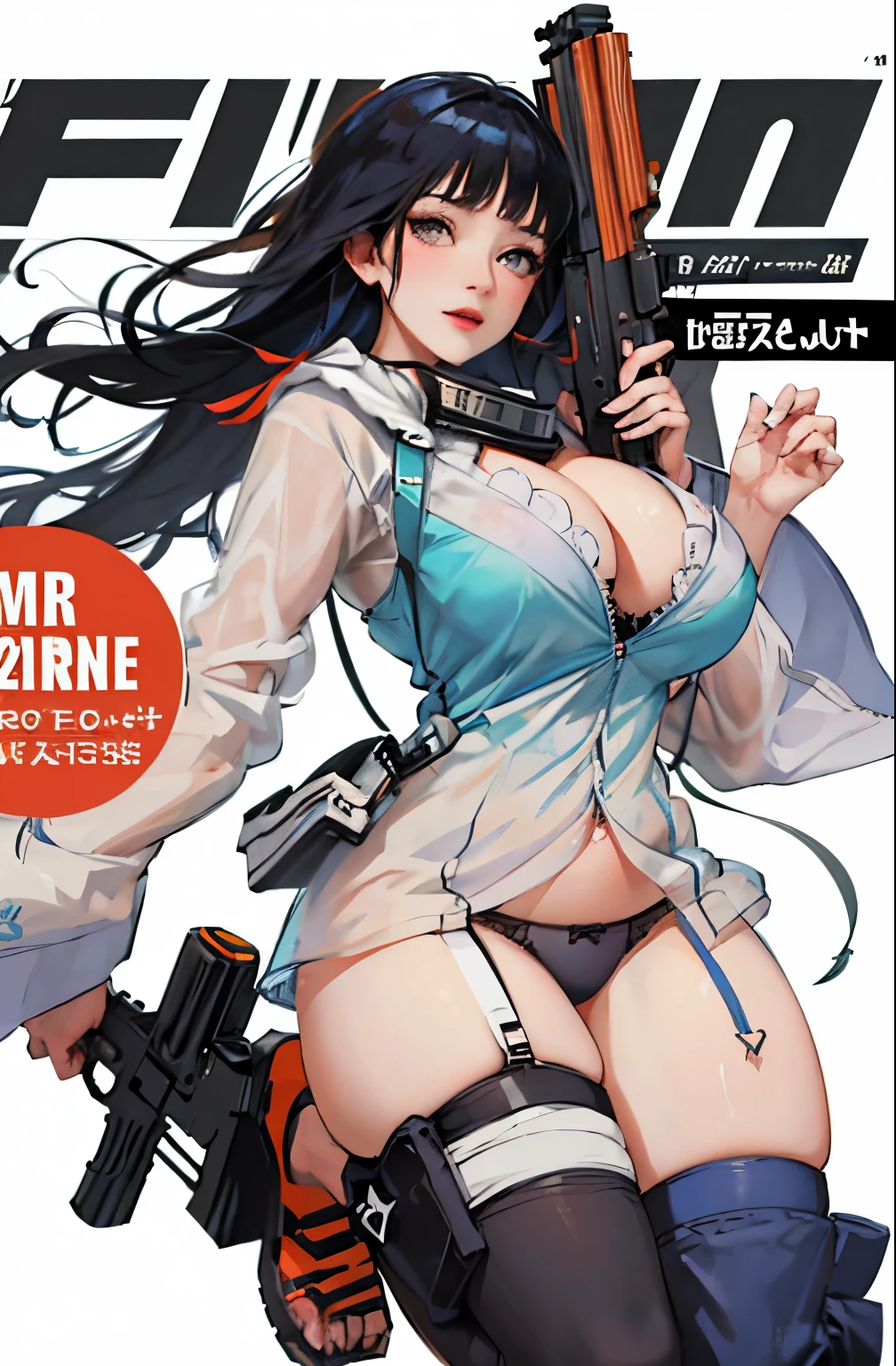 (masterpiece:1.2, highest quality), (very detailed:1.3), (magazine cover), 1 girl, 15 generations, big breasts, (transparent panties), (good transparency), (hold the gun to one side'mouth), strict, white background,