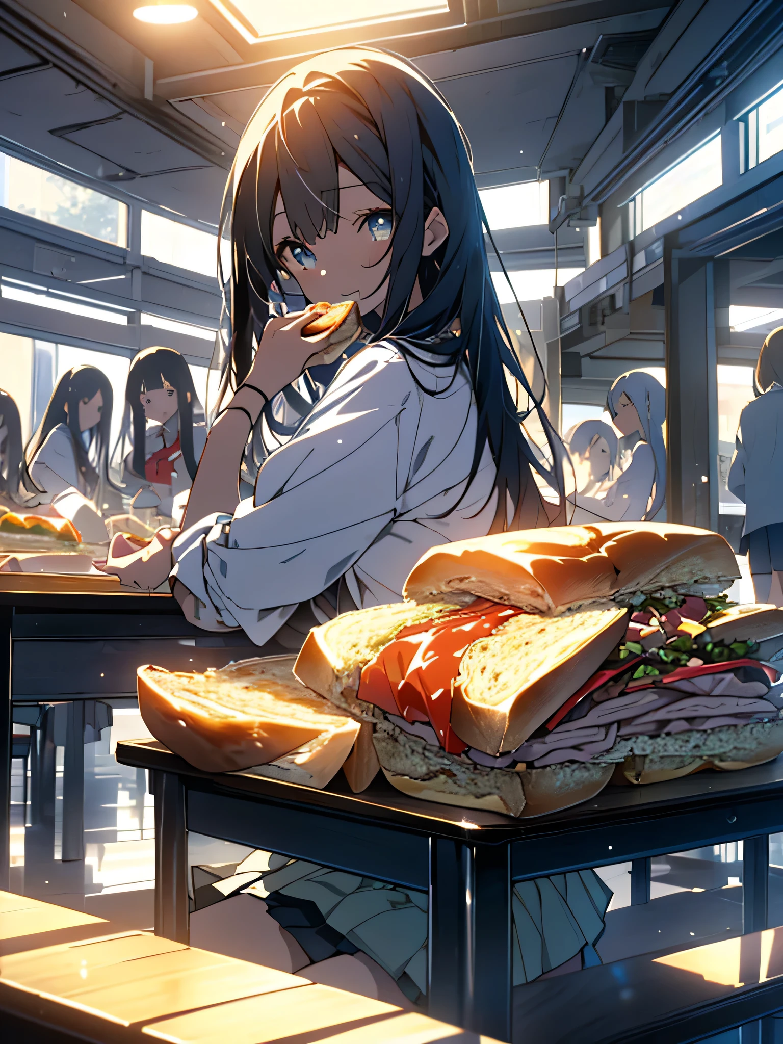 (8K, highest quality, masterpiece, ultra high resolution: 1.2),(shining eyes、detailed beautiful face),classroom,(2 high school girls) ,friends laugh together、(uniform、mini skirt),(sit at the table and eat a hot sandwich)、(The whole body is reflected),peaceful daily life,fun atmosphere、beautiful anime