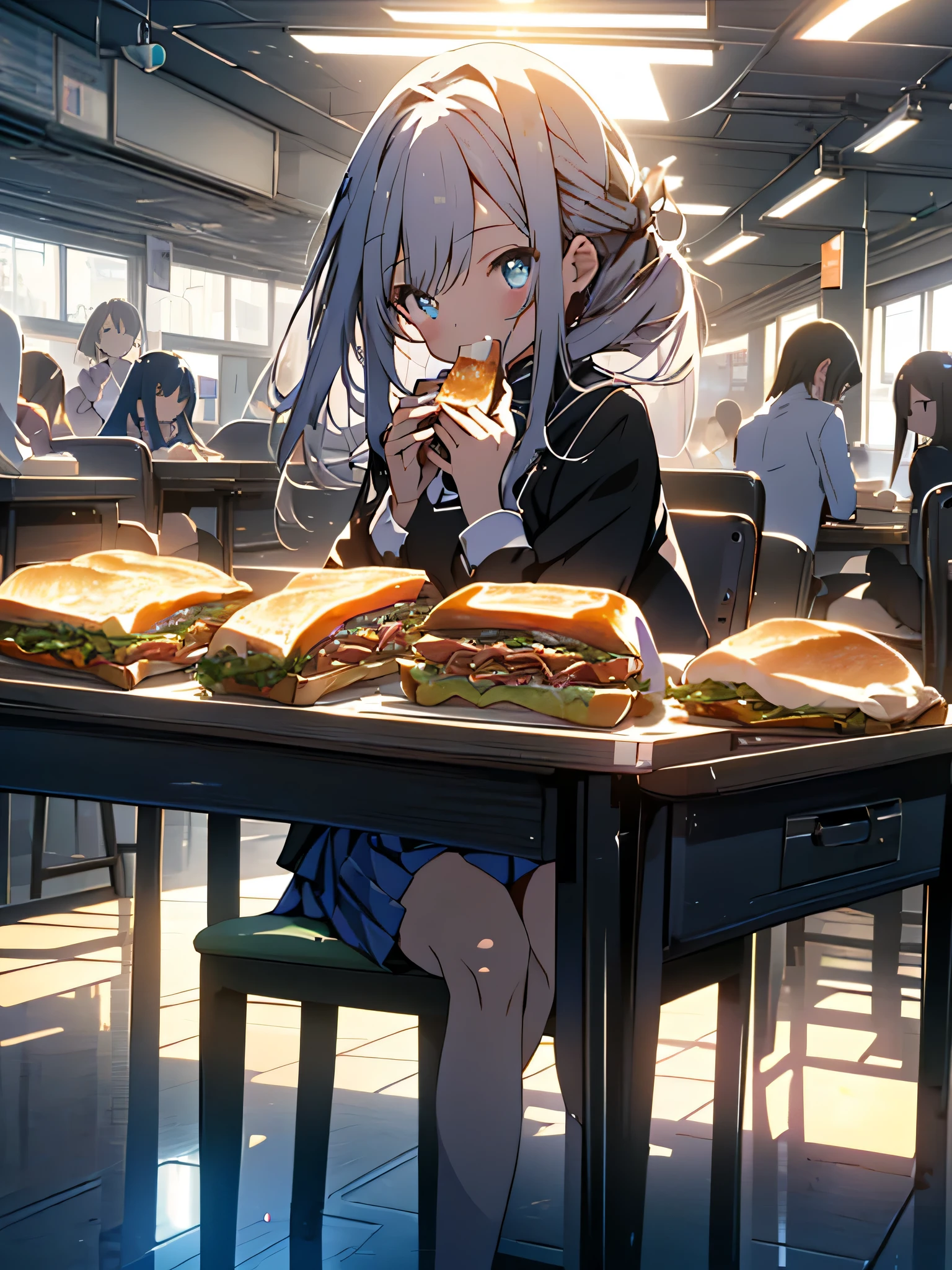 (8K, highest quality, masterpiece, ultra high resolution: 1.2),(shining eyes、detailed beautiful face),classroom,(2 high school girls) ,friends laugh together、(uniform、mini skirt),(sit at the table and eat a hot sandwich)、(The whole body is reflected),peaceful daily life,fun atmosphere、beautiful anime