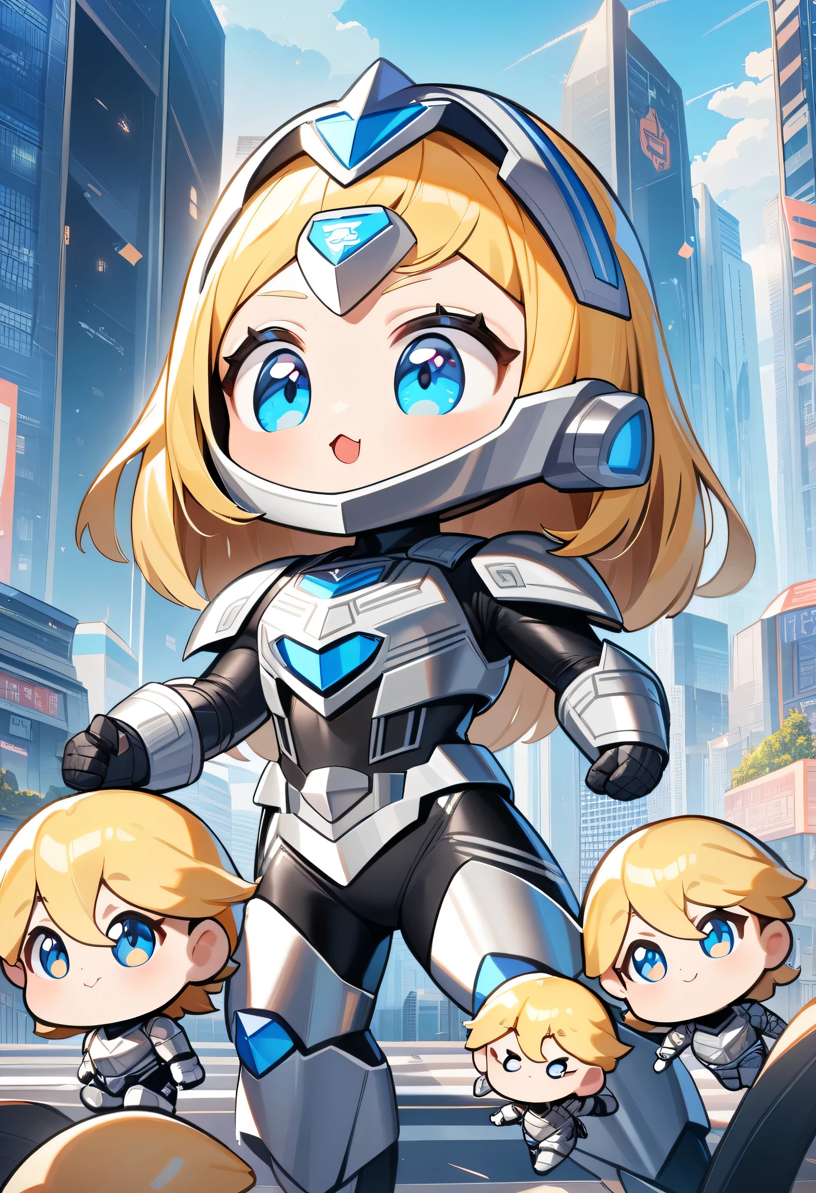 1 female,original,(((cutest chibi ever)))、blonde hair,blue eyed silver ranger, silver armor, silver power ranger, Black stripes, Metallic clothing,ultra hd,1990s style, futuristic city background, Depth of written boundary,Super detailed,sharp focus,beautiful,(highest quality)