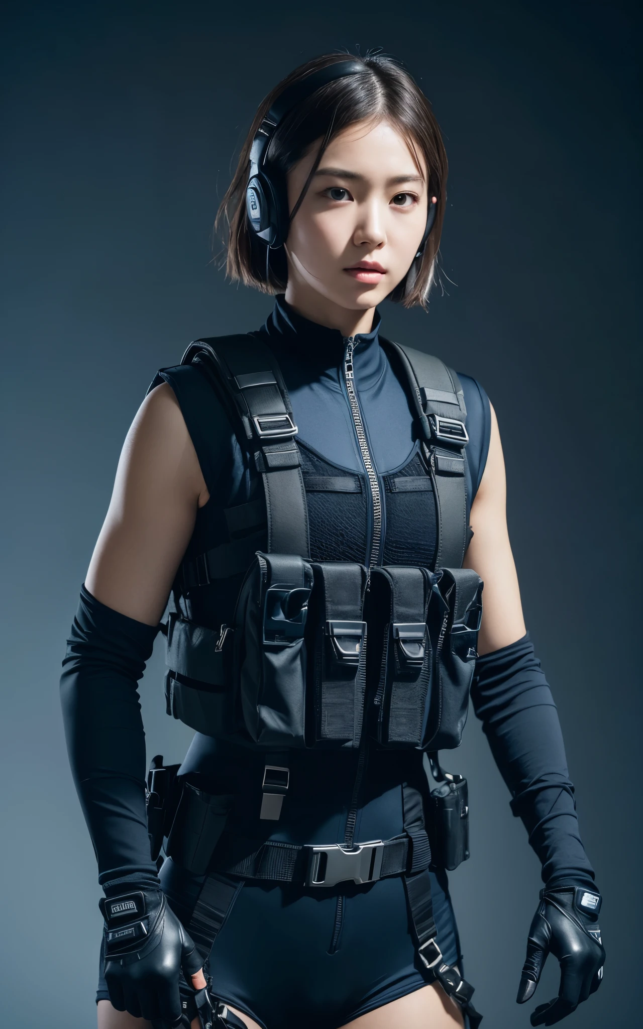((realistic)), (ultra detailed), (masterpiece), (best quality), (((photorealism))), RAW, canon r6, ((hyperrealistic)), 4k quality, super 8k, realistic, skin texture, realistic skin texture, full body, sharp, dramatic lights, shadows,((((1 girl))), ((solo)), T, (((perfect beautiful face))), bright realistic eyes, (navy blue background), 1girl aiming with an assault rifle, Combat pose, looking at the camera, (Detailed face), short hair, (wearing red rubber suit, tactical vests, military harness, black gloves, high-tech headset), cloths color based on black dark blue), revealed thigh, Gun, Fingers are occluded,