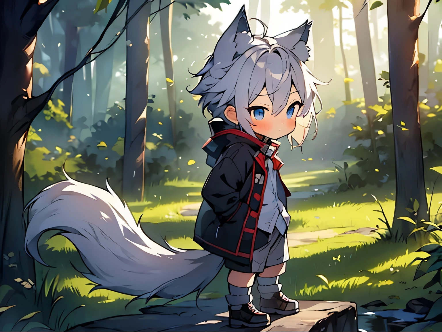 masterpiece, best quality, extremely detailed, anime, 1boy, (short boy,tomgirl,cute boy),shotacon,wolf ear,wolf tail,in the forest