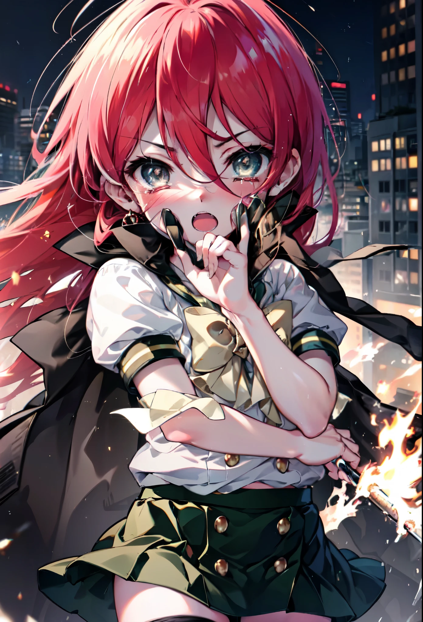 1 girl, cowboy shot, rubble ruins, anger, (battle preparation:1.2), close both eyes,tears run down her face,Crying with joy,open your mouth, (night:1.2), explosive inflammation,shana, red eyes, redhead, very long hair, hair between eyes, (Ahoge:1.1), explosive flame,abandoned building,rubble serafuku, white shirt, short sleeve, green skirt, Thighhighs, black riders,(masterpiece:1.2), highest quality, High resolution, unity 8k wallpaper, (shape:0.8), (beautiful and detailed eyes:1.6), highly detailed face, perfect lighting, Very detailed CG, (perfect hands, perfect anatomy),