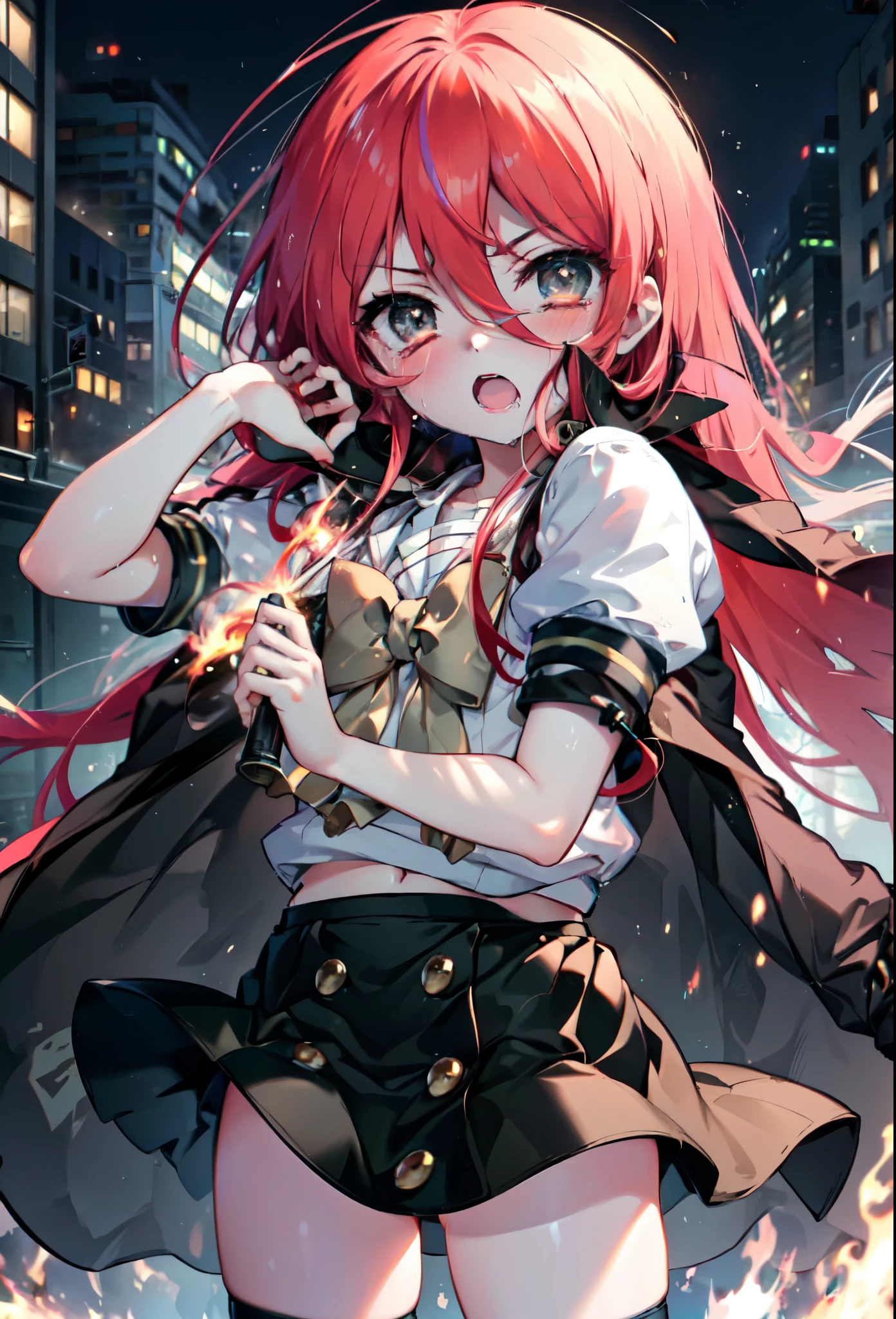 1 girl, cowboy shot, rubble ruins, anger, (battle preparation:1.2), close both eyes,tears run down her face,Crying with joy,open your mouth, (night:1.2), explosive inflammation,shana, red eyes, redhead, very long hair, hair between eyes, (Ahoge:1.1), explosive flame,abandoned building,rubble serafuku, white shirt, short sleeve, green skirt, Thighhighs, black riders,(masterpiece:1.2), highest quality, High resolution, unity 8k wallpaper, (shape:0.8), (beautiful and detailed eyes:1.6), highly detailed face, perfect lighting, Very detailed CG, (perfect hands, perfect anatomy),