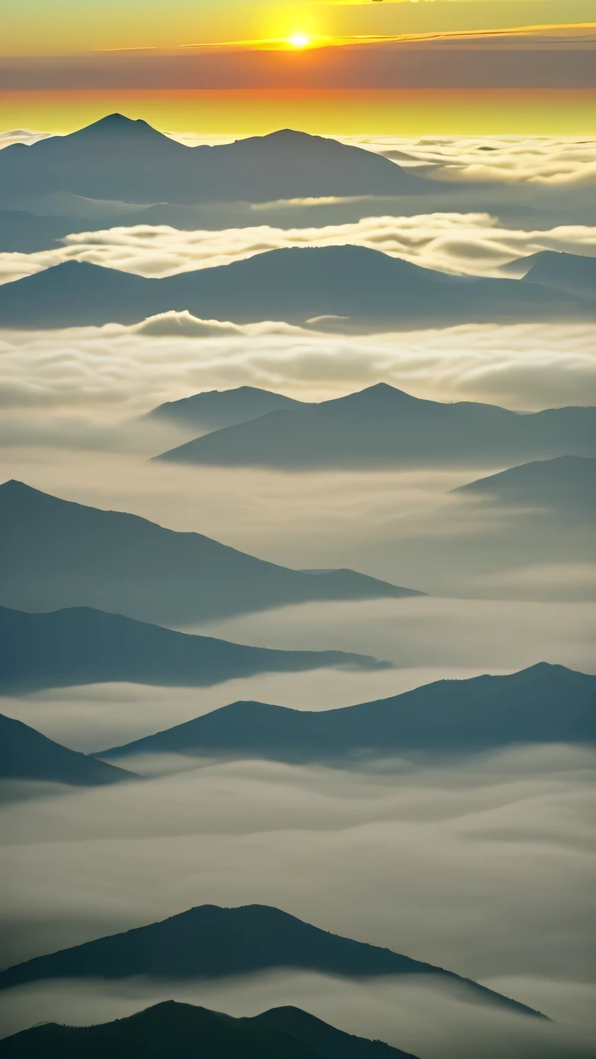 mystery,Standing on the top of the mountain,woman back view,Watch the sunrise over Dongfang Mountain,Look at the sea of clouds,The sunshine is particularly charming