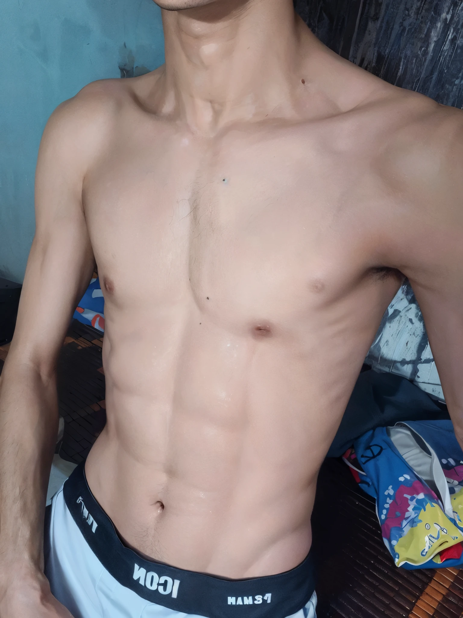 arafed man in grey shorts leaning against a wall, [ rigidly defined abs ]!!, fit pic, [ adamantly defined abs ]!!, korean muscle boy 2 1 years old, with abs, mid-shot of a hunky, abs, belly button showing, attractive body, visible belly, open v chest clothes, belly exposed
