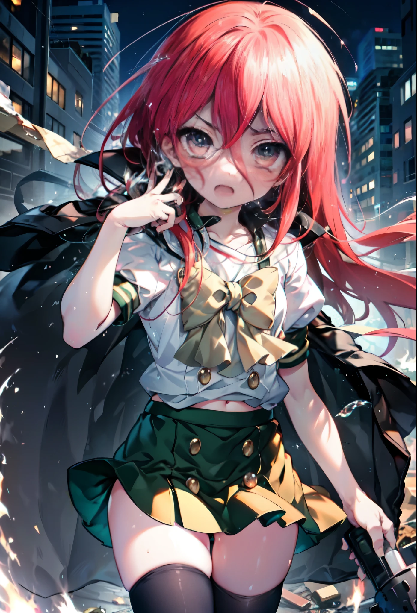 1 girl, cowboy shot, rubble ruins, anger, (battle preparation:1.2), close both eyes,tears run down her face,Crying with joy,open your mouth, (night:1.2), explosive inflammation,shana, red eyes, redhead, very long hair, hair between eyes, (Ahoge:1.1), explosive flame,abandoned building,rubble serafuku, white shirt, short sleeve, green skirt, Thighhighs, black riders,(masterpiece:1.2), highest quality, High resolution, unity 8k wallpaper, (shape:0.8), (beautiful and detailed eyes:1.6), highly detailed face, perfect lighting, Very detailed CG, (perfect hands, perfect anatomy),