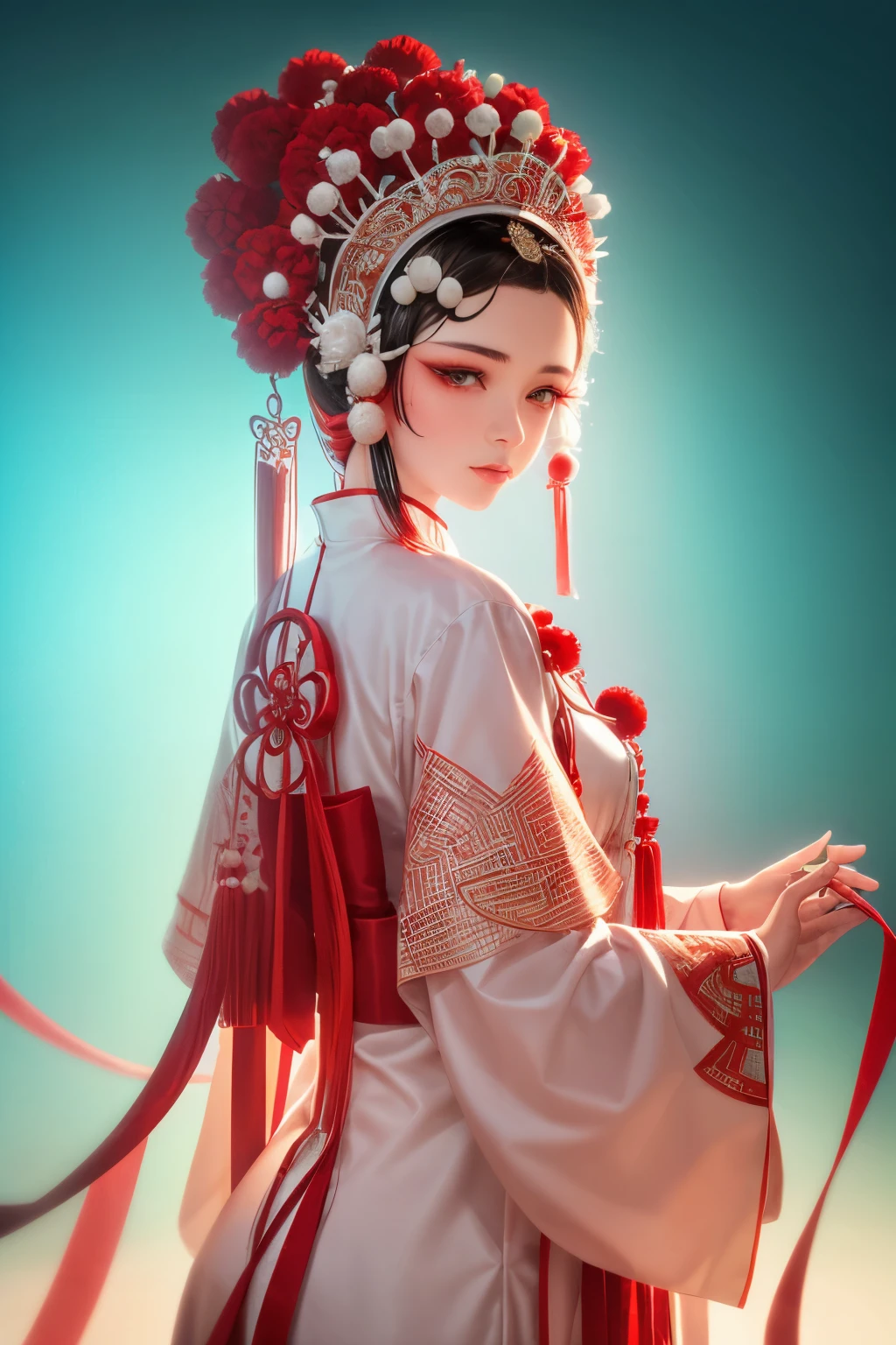 Resolution and quality: 8K, top quality, realistic, medium photography, grainy photos Photography style and effect: Dynamic action, pale and faded style, dreamy nostalgia, soft focus, vignetting, light leak Model information: Cute white facial expressions, delicate makeup, bright sparkling eyes, A female height of 1.8 meters Costumes and accessories: Blue and white Peking Opera costumes, Chinese opera, Peking Opera costumes, red pom-pom headpiece Scenes and backgrounds: Attic interior backgrounds, green waves, red and white color scheme Momentum and emotions: Grand and spectacular, majestic momentum, characters' happy expressions, crazy and complex Techniques and details: Ultra-detailed carving, miniature photography techniques, super realistic photo-level