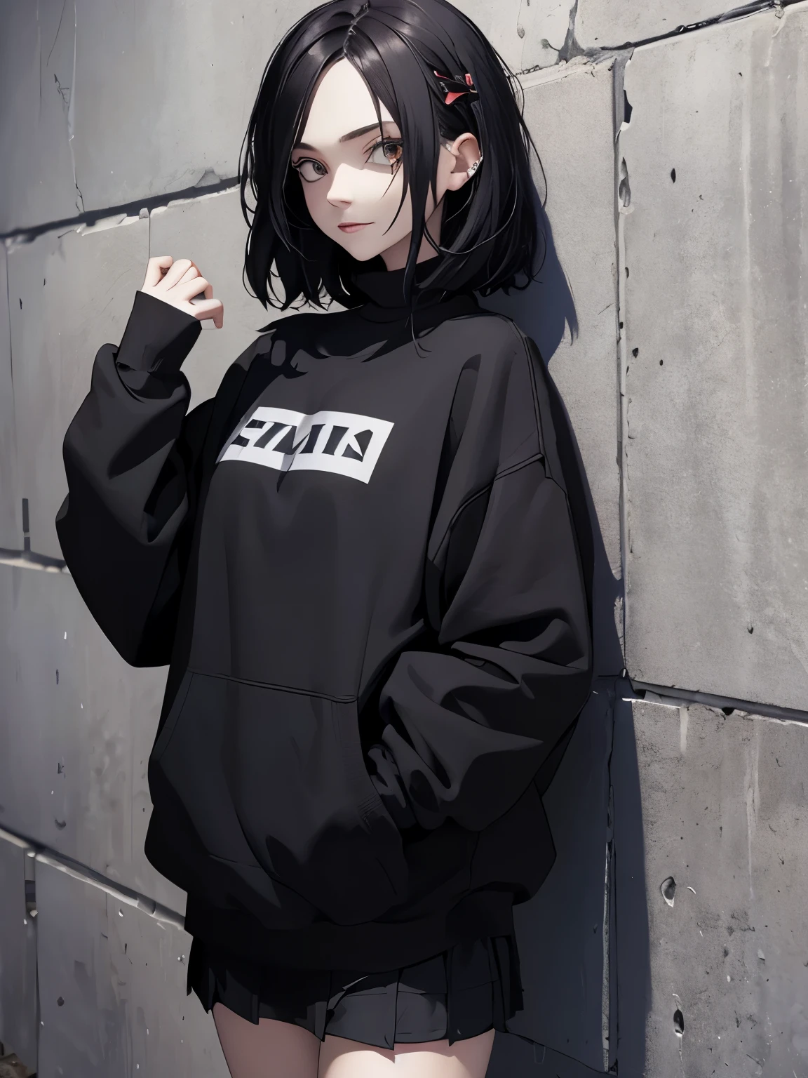 woman, gothic hair style, sweatshirt, hands in pockets, leaning against wall in short skirt