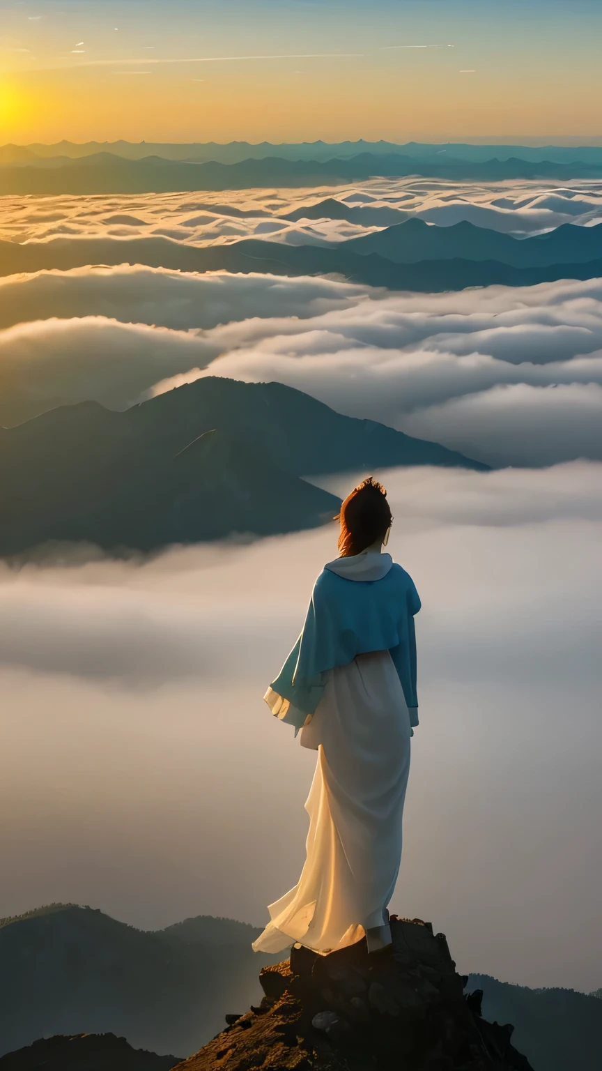 mystery,Standing on the top of the mountain,woman back view,Watch the sunrise over Dongfang Mountain,Look at the sea of clouds,The sunshine is particularly charming