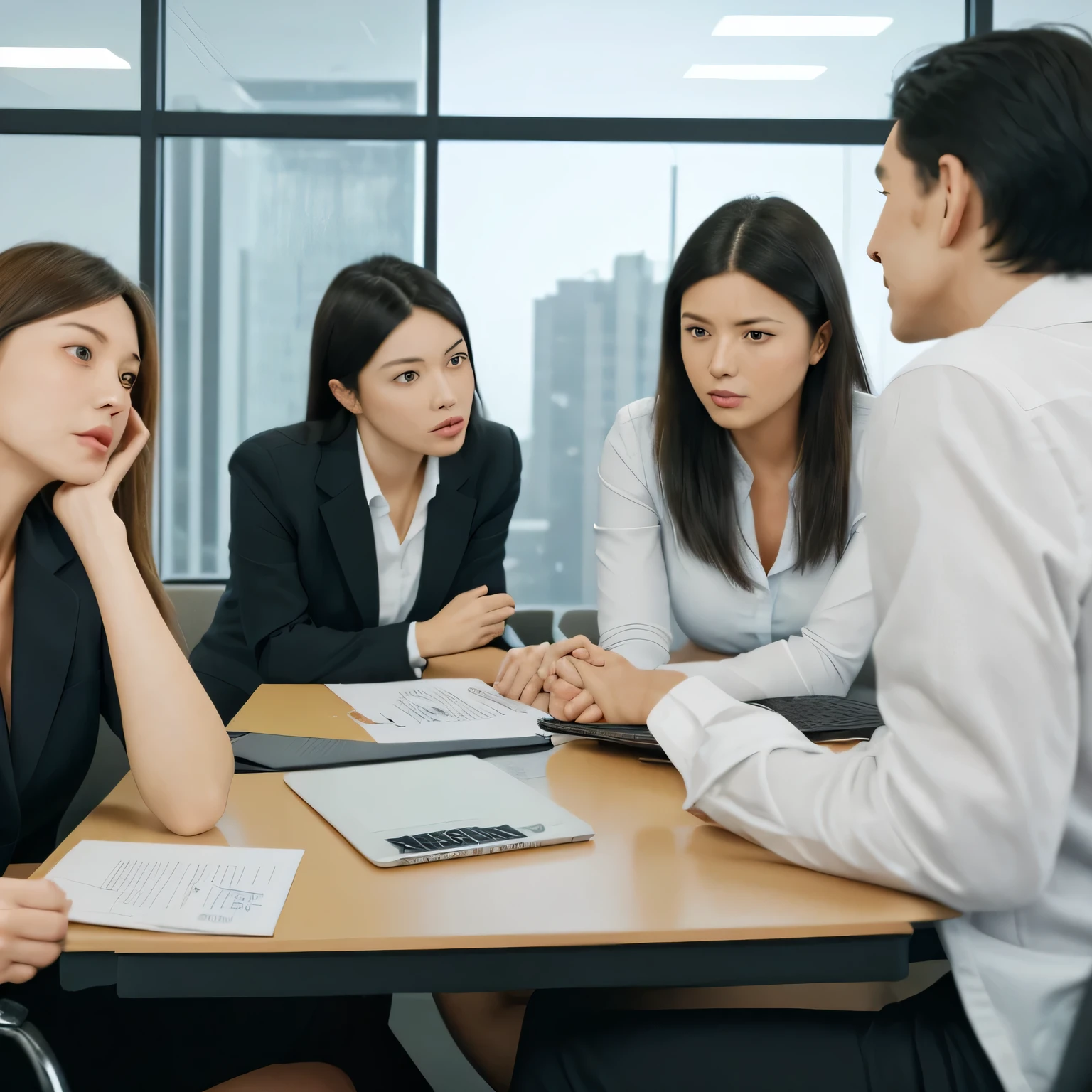 instagram photo, A dynamic shot of a Japanese businesswoman engaged in conversation during a corporate meeting, focused, expressive, Canon EOS 80D with 18-135mm f/3.5-5.6 lens, ambient office light, candid photography.