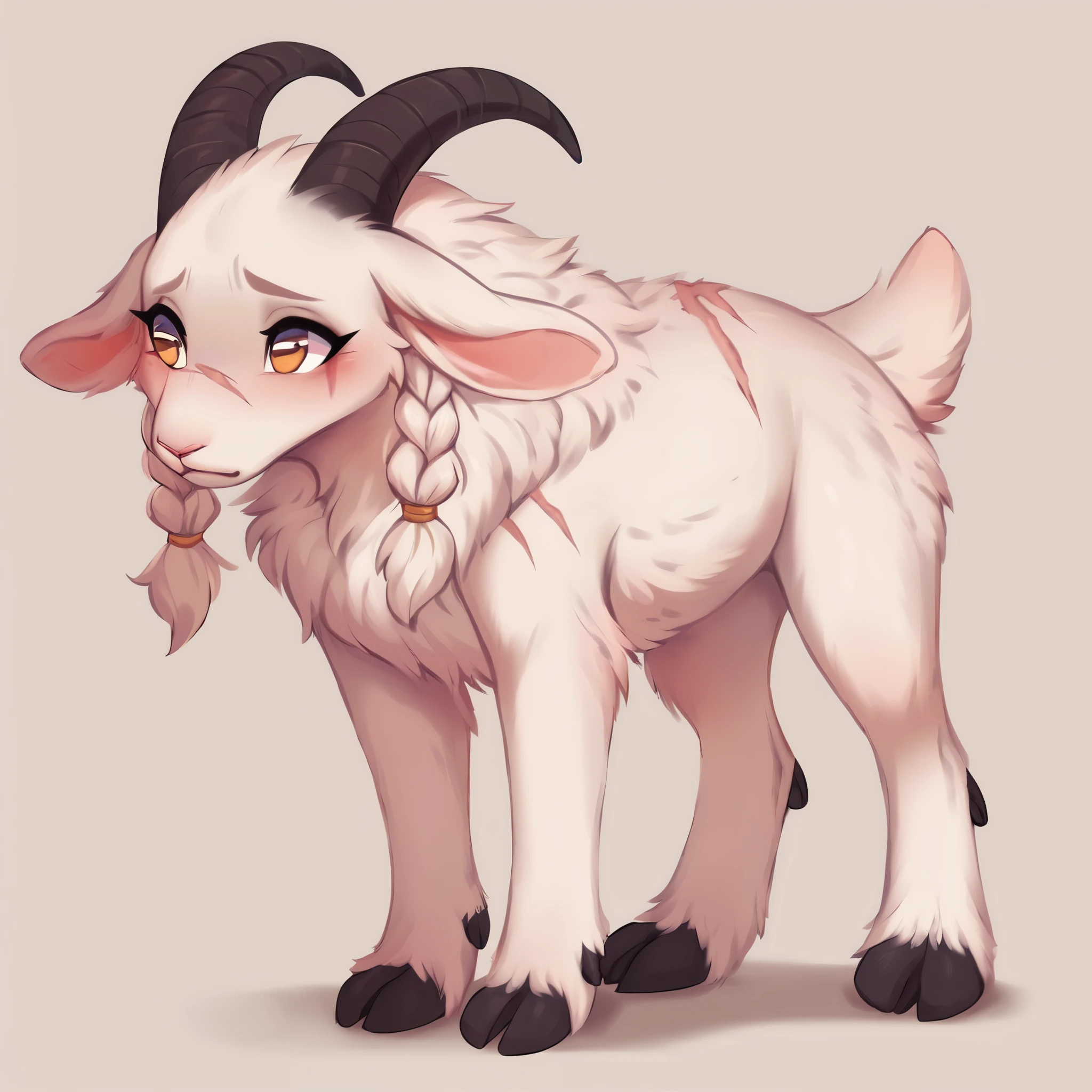 score_9, score_8_up, score_7_up, score_6_up, score_5_up, score_4_up, show accurate, full body, simple background, feral goat, female goat, white fur, albino fur, single color fur, age goat, adorable face, goat horns, ringed horn, goat pupil, golden eyes, shy look, mane covering the neck, small braids in her hair and mane, standing on all fours, scars all over the body, scar on the eye,