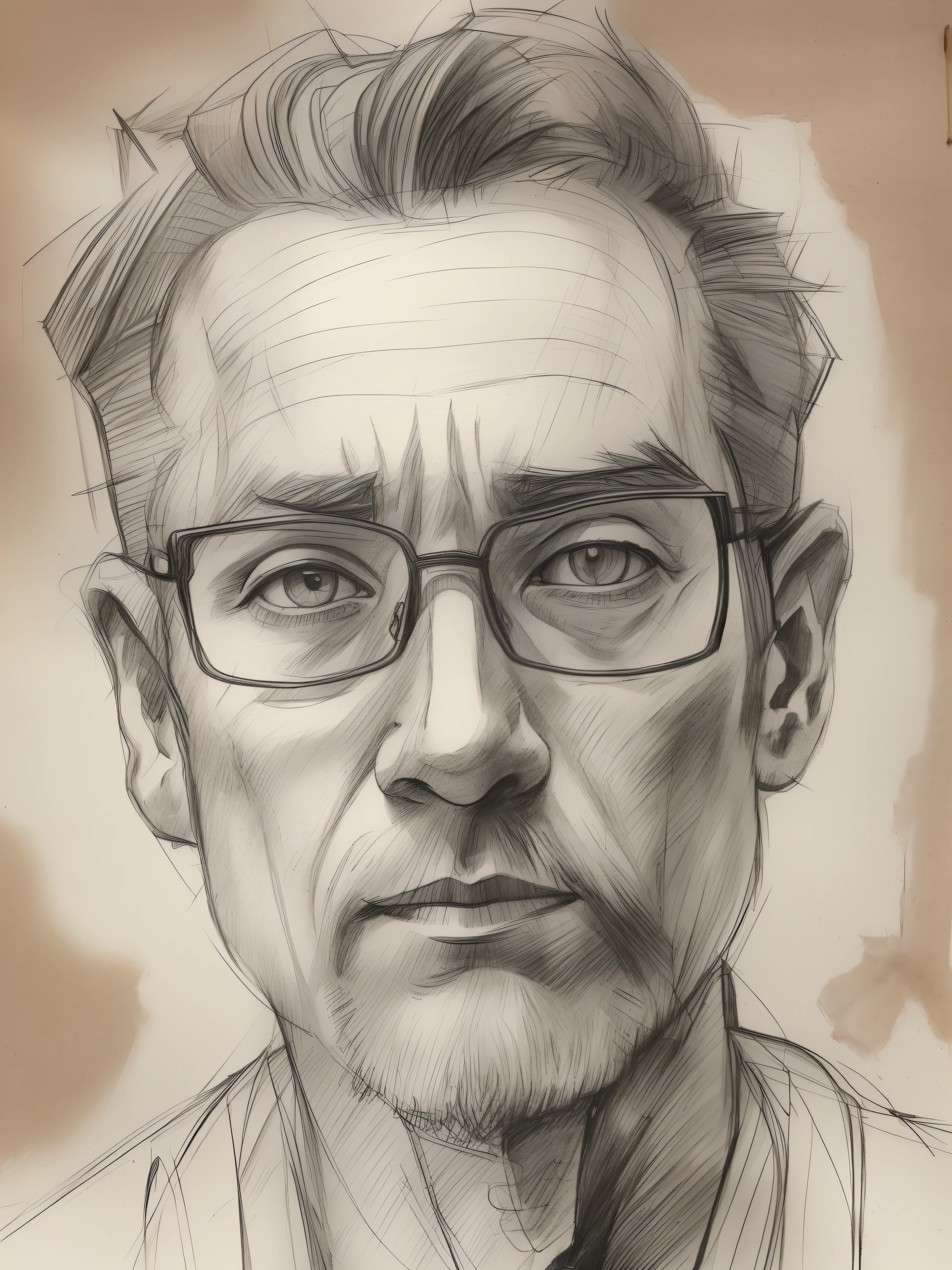 pintura de um homem, realistic sketch, hyperrealistic sketch, detailed pencil drawing, pencil draw, desenho digital realista, detailed outline drawing, retrato altamente detalhado, desenho detalhado em 4k, Drawing pencil, highly detailed outline, realista drawing, retrato extremamente detalhado, detalhado, but rough, Drawing pencil illustration, desenho de realismo, detailed outline, sketch art,((alta qualidade, obra de arte:1.4)), 1 homem, ((tronco)), portrait sketch, Messy designs, messy coal stains, Unfinished sketch, A caderno de desenho of a 36-year-old man，Charcoal Style Painting, desenho de caderno, caderno de desenho, cabelo bonito,Hair is a little thinning，Cabelo branco，olho deprimido，Olheiras pesadas，Olhos pretos，covardemente。((fundo de material de papel)), realista charcoal line, desenho imperfeito, Coal chips, Coal Production Line, imperfections, A doctor&#39;s coat on a white dress, , realista