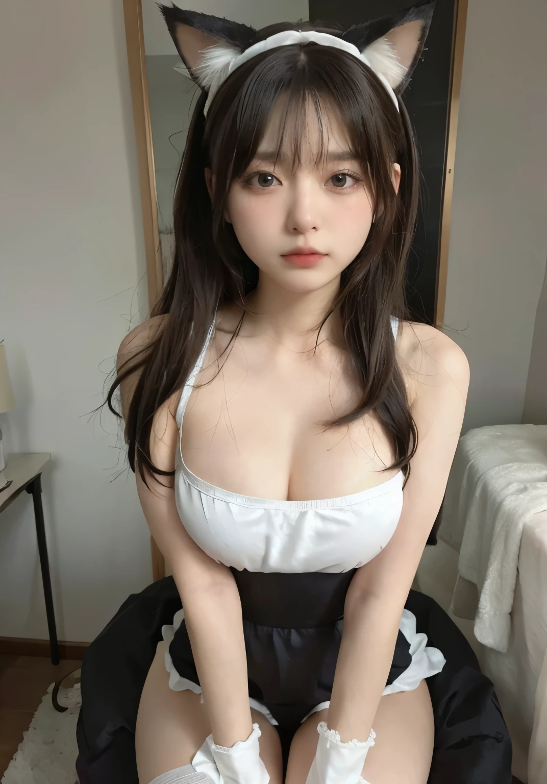 big deal ，丰满的cat ears，，livestock，Thigh width，Lopp，，白色maid outfit，japanese lady，lovely maid，cat ears的女人，harness，Kangjie，realistically，emphasize，top quality，masterpiece，1 girl 1 girl，curls，Pale complexion，cat ears，cat eyeball，thick eyebrows，thick lips，There is a scar on the right eye，freckle，，small waist，Thigh width，thigh gap，，maid outfit，，，big dealboobediuml breasts，Legs sweat，，，best quality，masterpiece，ultra high resolution，（Fidelity：1 girl.4 pieces），original photo，1 a girl a girl，Mature，，Light，moody，Innocent