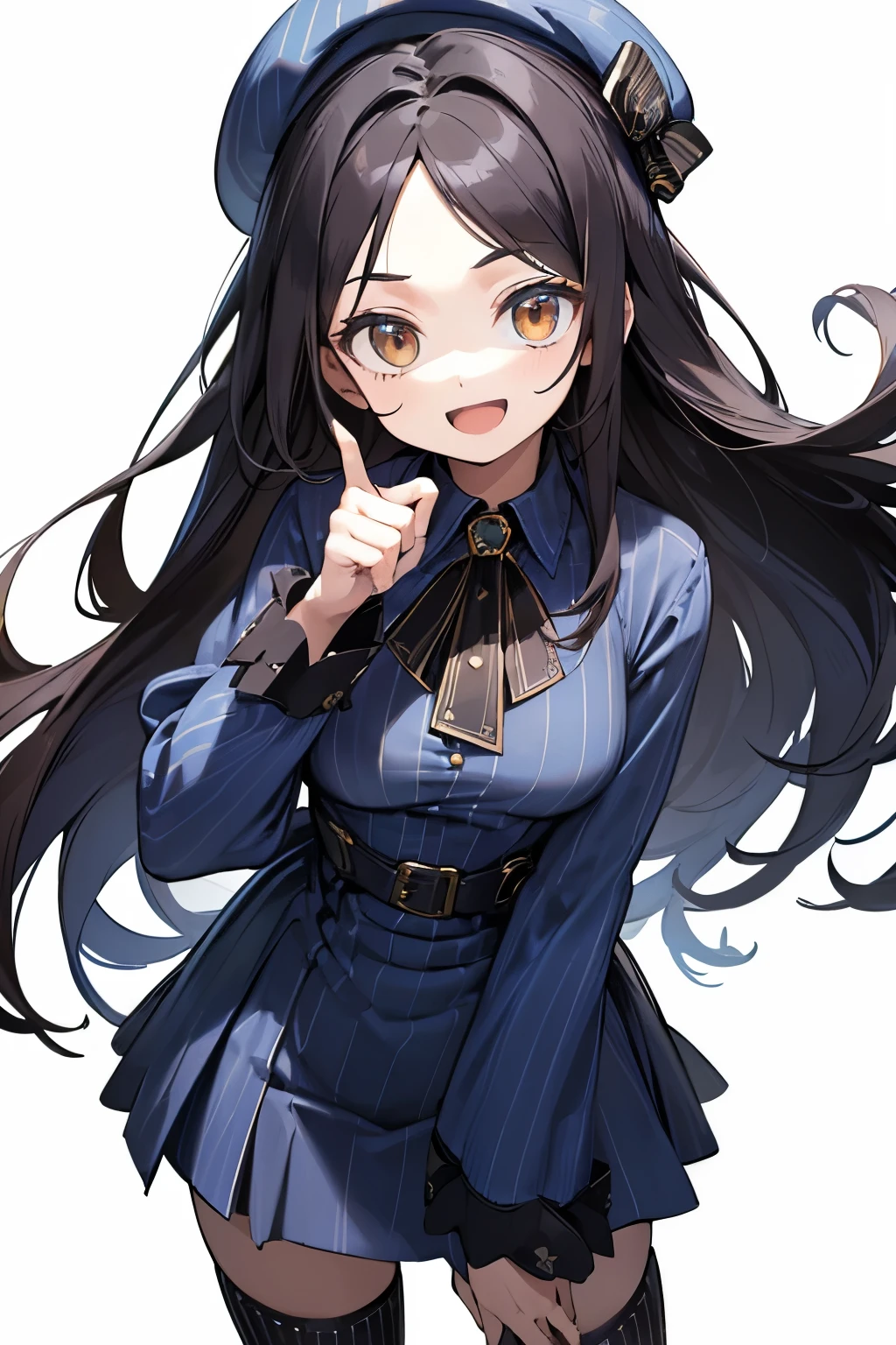 (in 8K, best quality, master piece: 1.2), ultra-high resolution,1 -yeld wo,ultra-detailed face,detailed eyes,straight hair,long hair,(striped pattern dark blue beret),striped pattern dark blue long sleeve one piece,smile,open mouth,black hair,Absolute area,knee socks,Are standing,Brown eyes,((white background))
