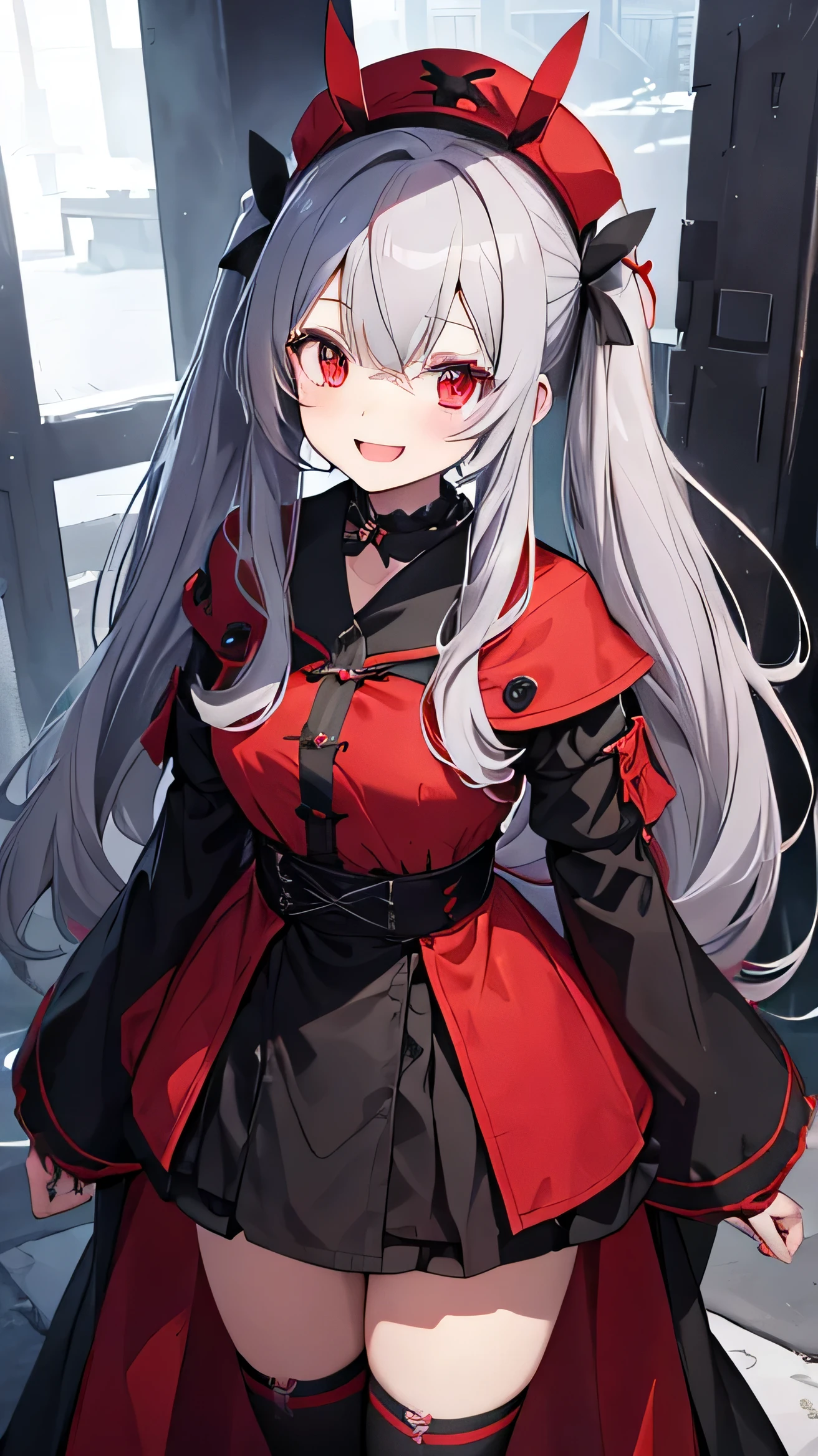 Standing picture、anime、girl、gray hair、Twin tails up to the shoulders、red hat、red and black gothic robe、red eyes、black knee high socks、choker、triumphant look、smile、open your mouth、1 person、whole body、from the front
