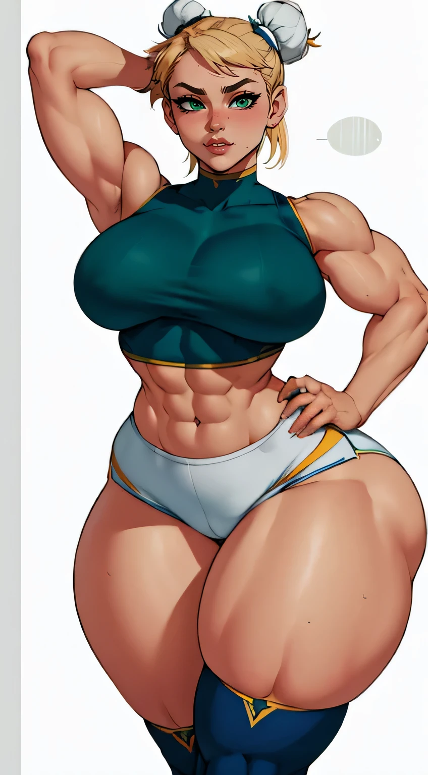 small chested girl with a good bit of muscle, a faint six pack, wide hips, thick thighs blonde, green eyes, white blank background,gym wear shorts,chun li hairstyle, thick, plus size, stockings