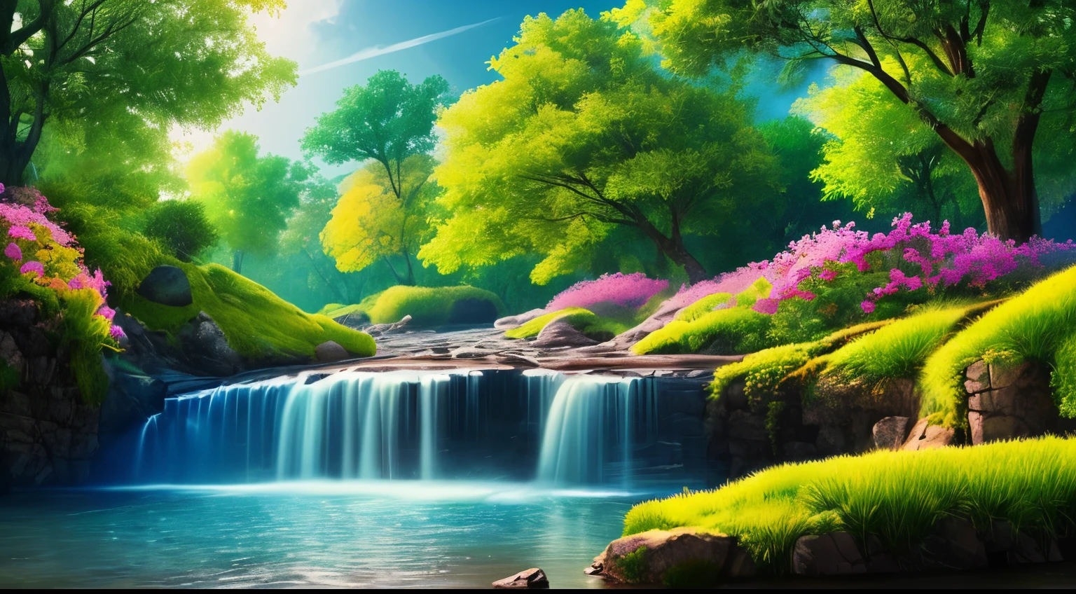 masterpiece, 最high quality, high quality, very detailed CG unity 8k wallpaper, With vivid colors and bright skies、an extremely colorful and purely fantasy environment, bright green grass landscape, Colorful Trees々, sparkling fruit, and bright blue flowers. the stream is deep blue, and the air is filled with sweet exotic scents. The environment seems to have been taken out of a dream, Luminous butterflies and colorful giant birds are flying around。, award winning photography, Bokeh, Depth of the bounds written, HDR, bloom, chromatic aberration ,realistic,very detailed, Trending with ArtStation, Trending on CGsociety, Complex, high detail, dramatic, mid-journey art