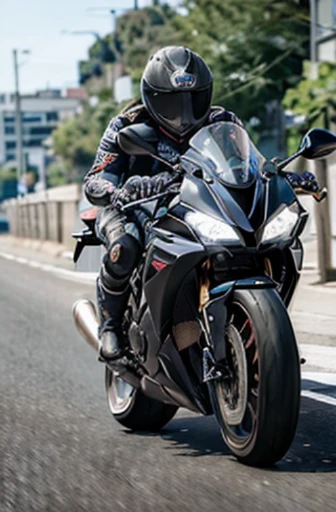 cbr1000rr-r running down the street,full body shot, angle from below
