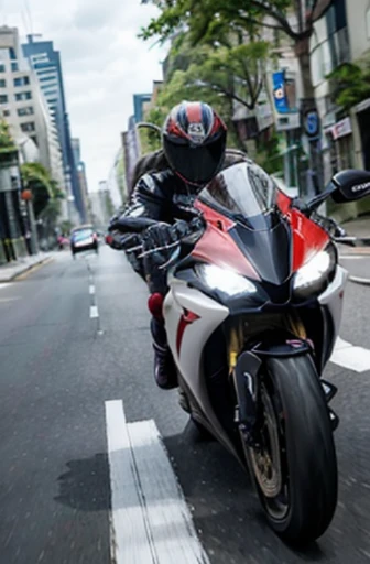 cbr1000rr-r running down the street,full body shot, angle from below
