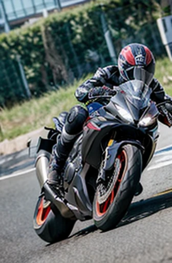 cbr1000rr-r running down the street,full body shot, angle from below