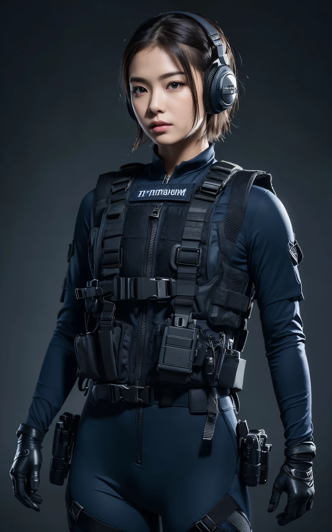 ((realistic)), (ultra detailed), (masterpiece), (best quality), (((photorealism))), RAW, canon r6, ((hyperrealistic)), 4k quality, super 8k, realistic, skin texture, realistic skin texture, full body, sharp, dramatic lights, shadows,((((1 girl))), ((solo)), T, (((perfect beautiful face))), bright realistic eyes, (navy blue background), 1girl aiming with an assault rifle, Combat pose, looking at the camera, (Detailed face), short hair, (wearing red rubber suit, tactical vests, military harness, black gloves, high-tech headset), cloths color based on black dark blue), revealed thigh, Gun, Fingers are occluded,