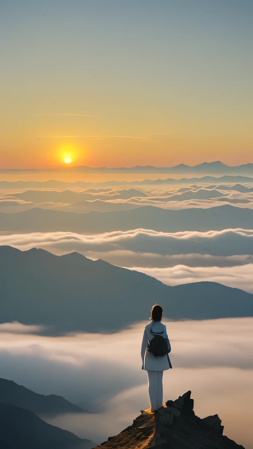 mystery，Standing on the top of the mountain，woman back view，Watch the sunrise over Dongfang Mountain，Look at the sea of clouds，The sunshine is particularly charming