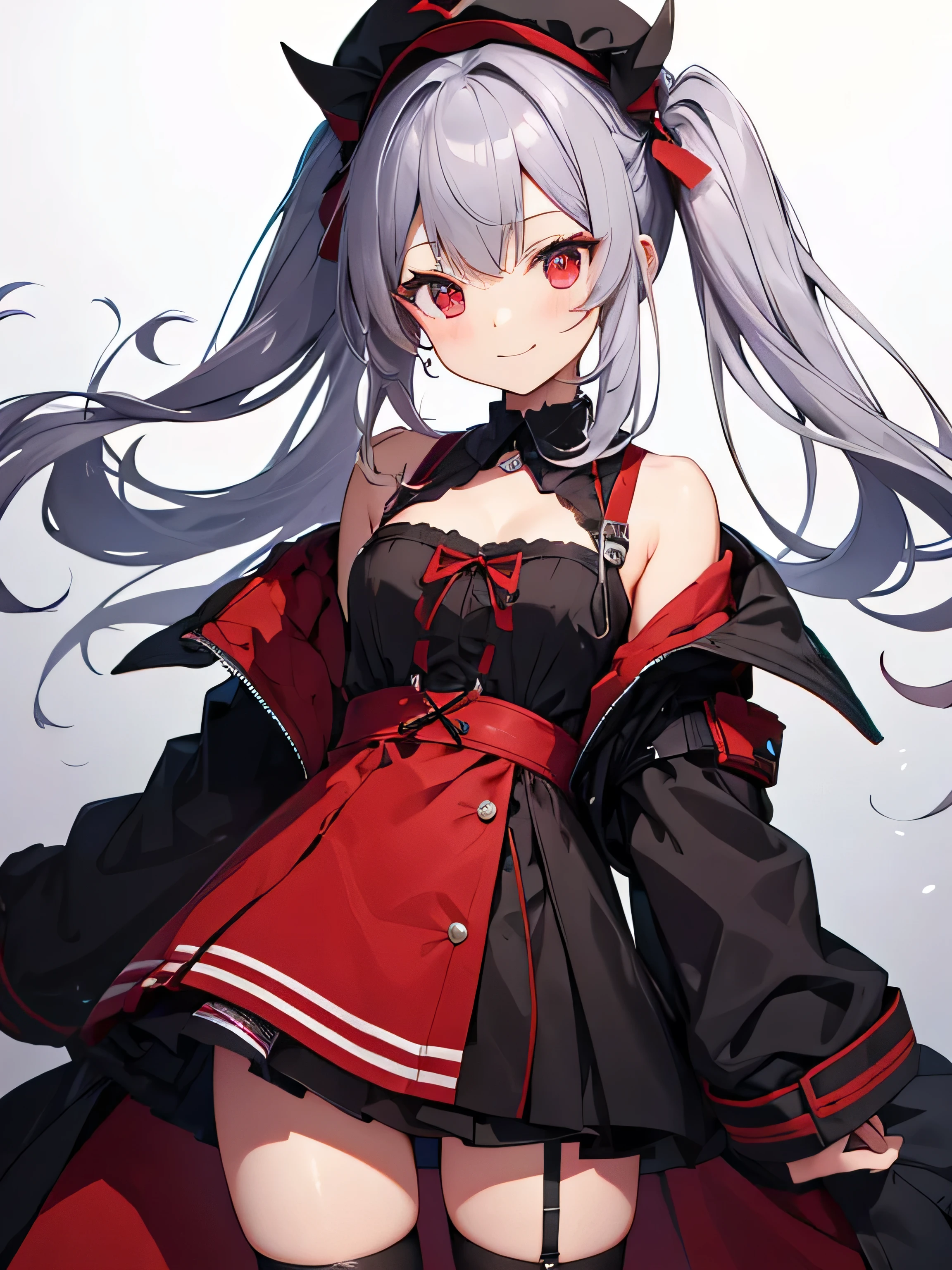 Standing picture、anime、girl、gray hair、Twin tails up to the shoulders、red hat、red and black gothic robe、red eyes、black knee high socks、choker、triumphant look、smile、open your mouth、1 person