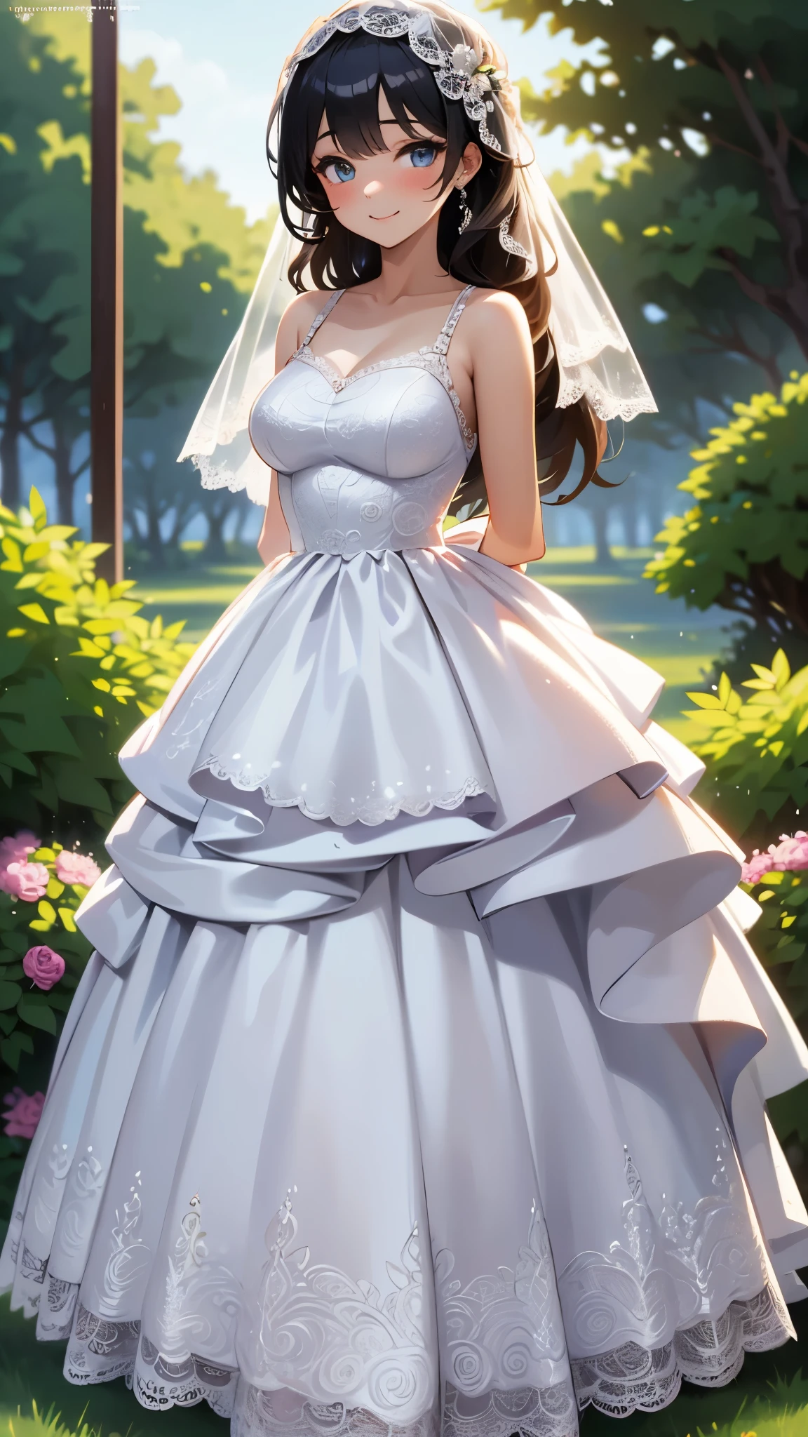 (best quality, high definition, masterpiece:1.2,), Illustration, night, 1girl, full body, (wedding dress), arm behind back, waiting for kiss, looking at viewer, happy, blush,