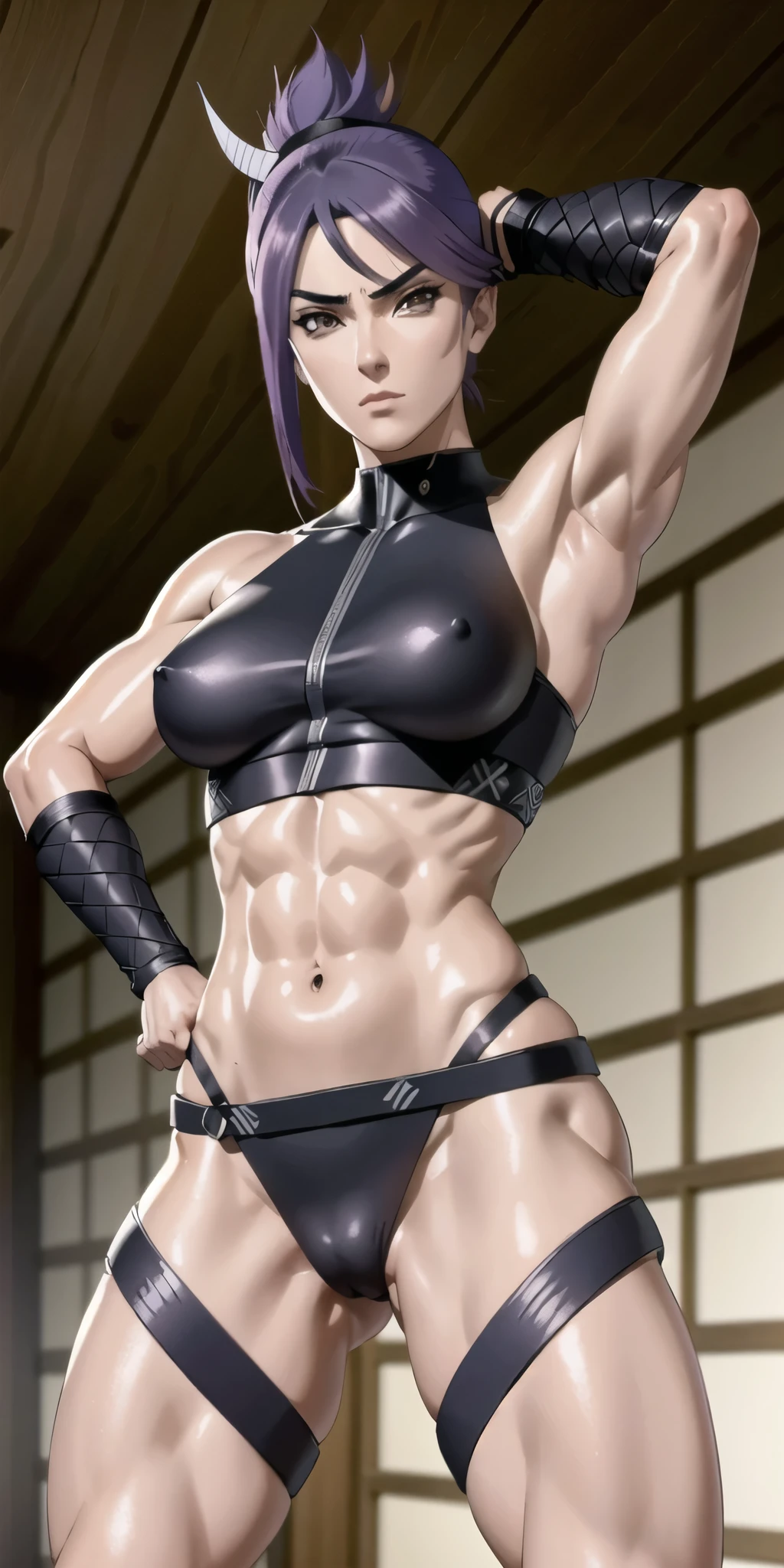 a ninja, cara bonita, serious face, cabelo branco, olhos vermelhos, corpo perfeito, corpo em forma, abdomen, seios grandes, muscular, cospe,cosplay kakashi feminino, corpo inteiro, mostrado seios, mostrado vagina 