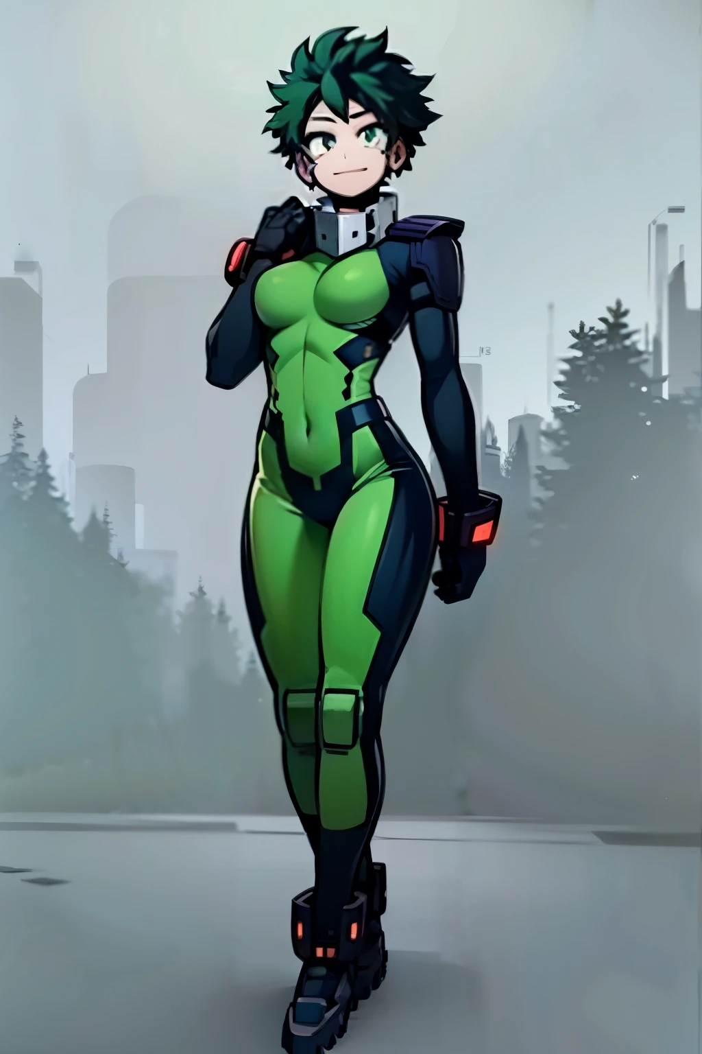 My Hero Academia style, anime Girl, female, trending on artstation pixiv, (full body shot:1.5), wide hips, wide thighs, large breast, Izuku Midoriya, Hero Suit, Full Body Suit, Neon Green Suit with Black Lines, Black Booties with Neon Green Accents, mechanical right gloves, green eyes, green hair, short hair, curly hair, wide smile, super detailed, perfect anatomy,