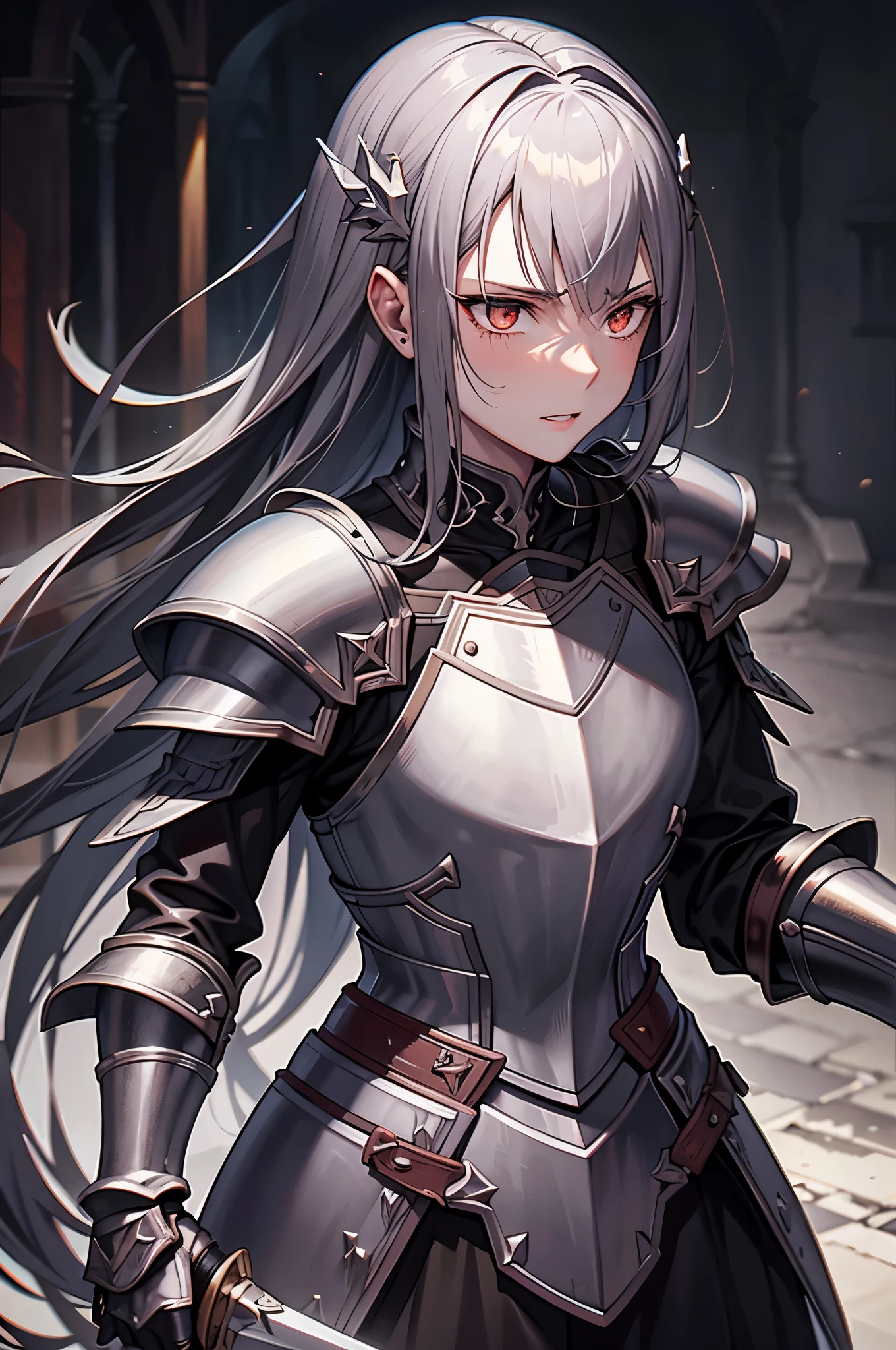A knight wearing rusty black and silver armor, Holding a sword stained with blood, revenge,Wet with blood,light from the sky, Many swords are aimed at the knight, perfect face、With a determined look, black hair, gradient hair, chiaroscuro, cinematic lighting, ray tracing, reflected light, panorama, masterpiece, Highest品質, high quality, advanced details, Highest, Accurate, anatomically correct, UHD, 1080p