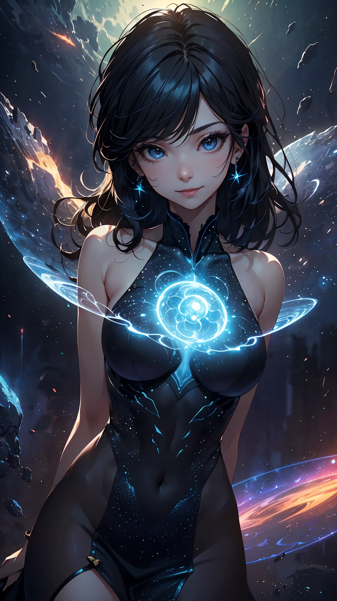 concept:女godの光. quality:(最高quality, 4k, High resolution, masterpiece:1.2), Super detailed, (real, photorealistic:1.37). illumination:Bright colors, bright colorsと魅惑的な効果, god々new light expression, 柔らかく繊細なillumination, gentle shine, Lens flare, deep shadows and highlights, シーン全体的のbeautiful雰囲気. Subject information:((女god1名)), (round eyes), (small face), (high detail skin:1.2), long eyelashes, glossy lips, (silvery shiny hair, blue colored eyes, long hair), (slim body shape, A smile that embraces everything:1.4), (Staring eyes:1.5, pose for a photo), (((繊細でgod聖な:1.5, dress with flowing light, transparent material, astral body))), Charm. Other details:((宇宙の女god:1.2)), Charmな宇宙空間, (great atmosphere:1.5), (Intelligent smile, beautiful), romantic, governs time and space, overflowing cosmic energy, ripples of energy, Space Fairies, star々Magnificent cosmic background, reflective,refraction,beautiful肌, shiny skin, (((perfect fingers, five fingers, anatomically correct))), background bokeh, 高quality, bright colors, ((award winning photography, 細部までこだわったrealな光と影)), Immersive 3D rendering, Professional 3D artistry, perfect composition.