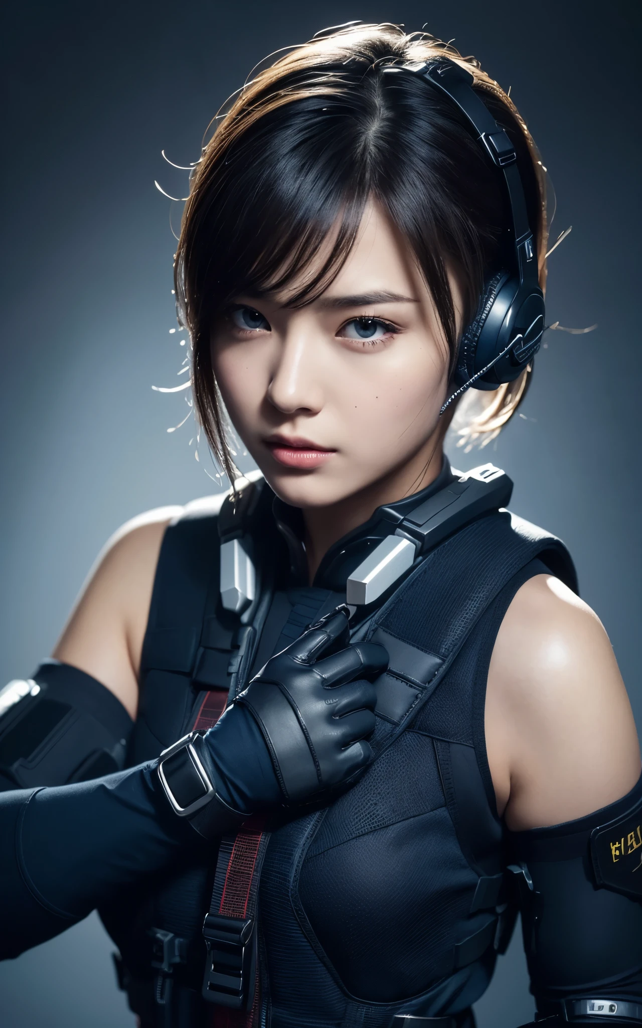 ((realistic)), (ultra detailed), (masterpiece), (best quality), (((photorealism))), RAW, canon r6, ((hyperrealistic)), 4k quality, super 8k, realistic, skin texture, realistic skin texture, full body, sharp, dramatic lights, shadows,((((1 girl))), ((solo)), T, (((perfect beautiful face))), bright realistic eyes, (navy blue background), 1girl aiming with an assault rifle, Combat pose, looking at the camera, (Detailed face), short hair, (wearing red rubber suit, tactical vests, military harness, black gloves, high-tech headset), cloths color based on black dark blue), revealed thigh, Gun, Fingers are occluded,