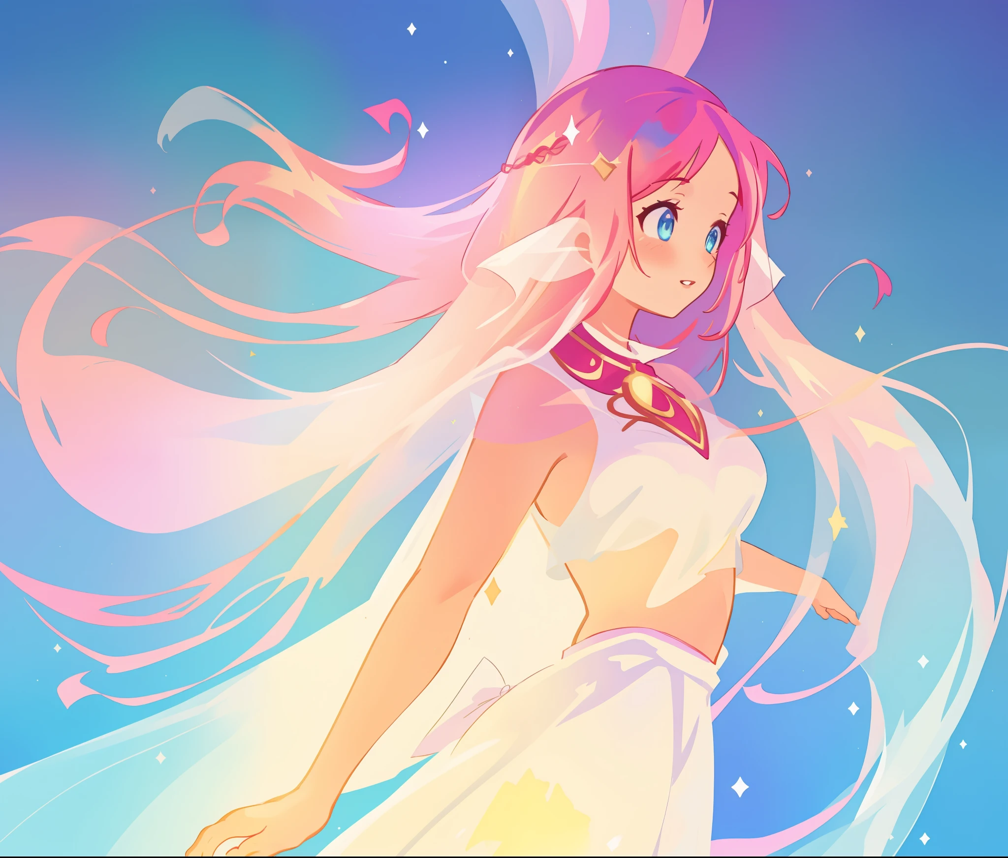beautiful girl in white arabian two-piece dress, (arabian princess), (arabian dancer), (fantasy arabian dress), long colorful sparkling pink hair, watercolor illustration, Lois van Baarle, glowing aura around her, Glen Keane, jen bartel, glowing hair, beautiful digital illustration, fantasia background, beautiful, masterpiece, best quality, anime disney style, (detailed eyes), golden ratio, perfect composition