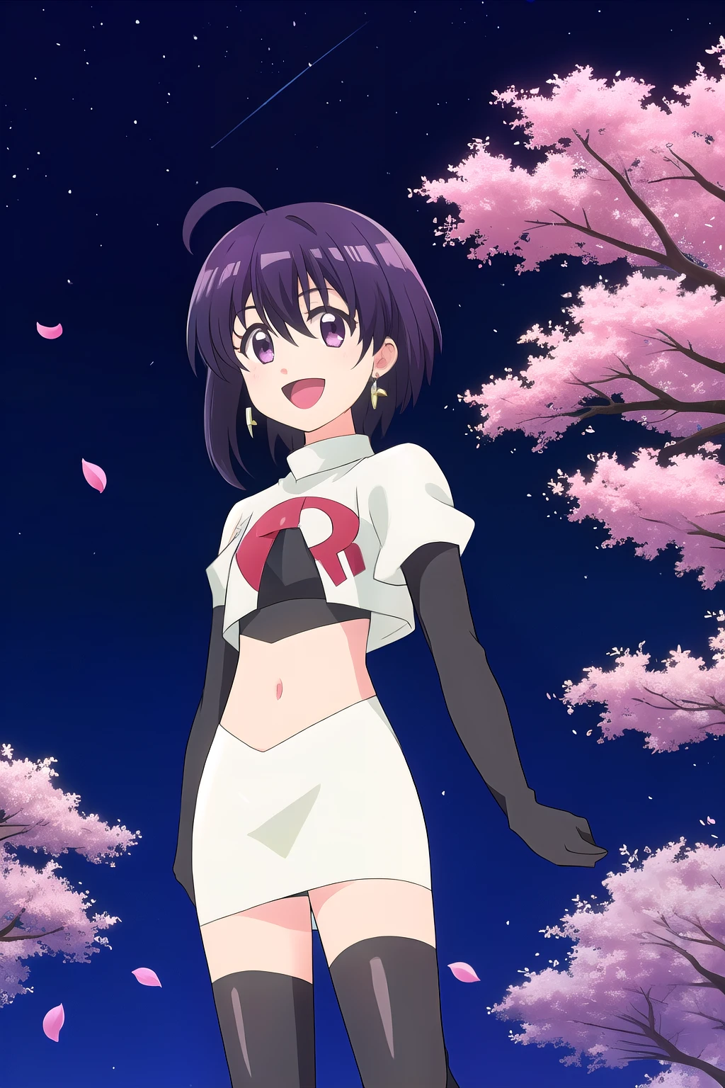 maple, 1girl, solo, long_hair, looking_at_viewer, short_hair, bangs, black_hair, hair_between_eyes, jewelry, very_long_hair, purple_eyes, purple_hair, ahoge, :d, sidelocks, earrings, outdoors, sky, shiny, shiny_hair, flat_chest, dated, tree, petals, night, floating_hair, cherry_blossoms, short_hair_with_long_locks,team rocket,team rocket uniform, red letter R, white skirt,white crop top,black thigh-highs,black elbow gloves