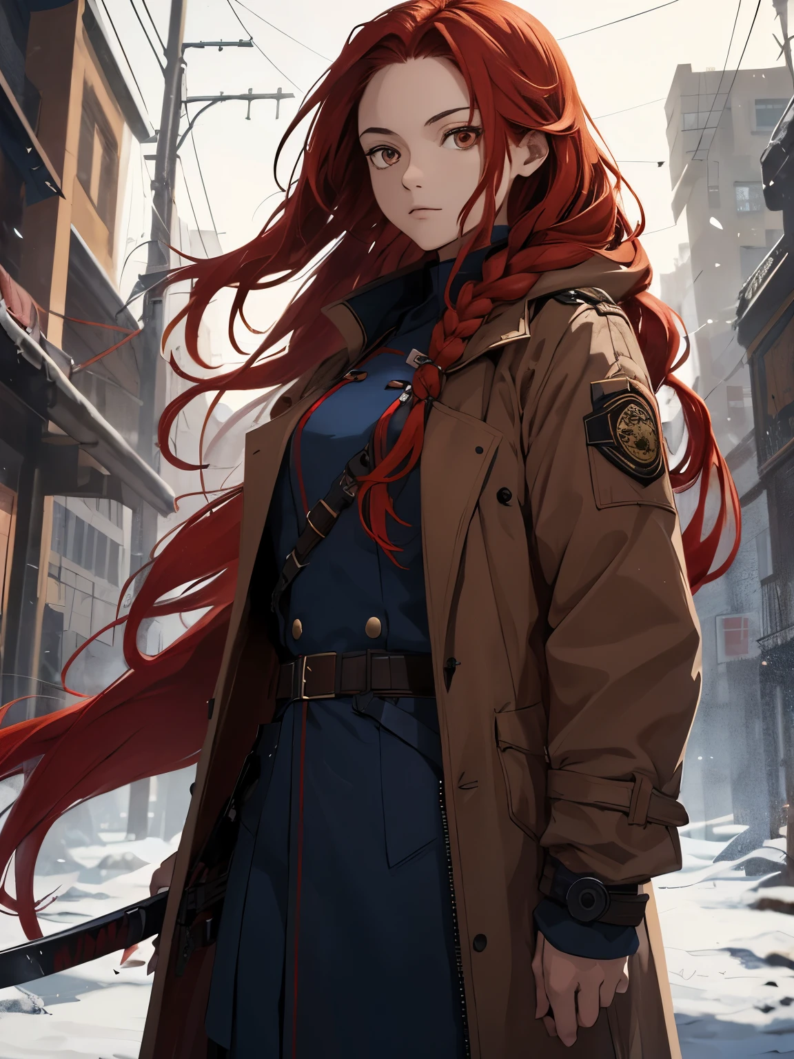 Woman, long red hair, braids, messy hair, brown eyes, light in the eyes, women's overcoat, blue katana, uniform clothes, dark city with broken background, locks of hair