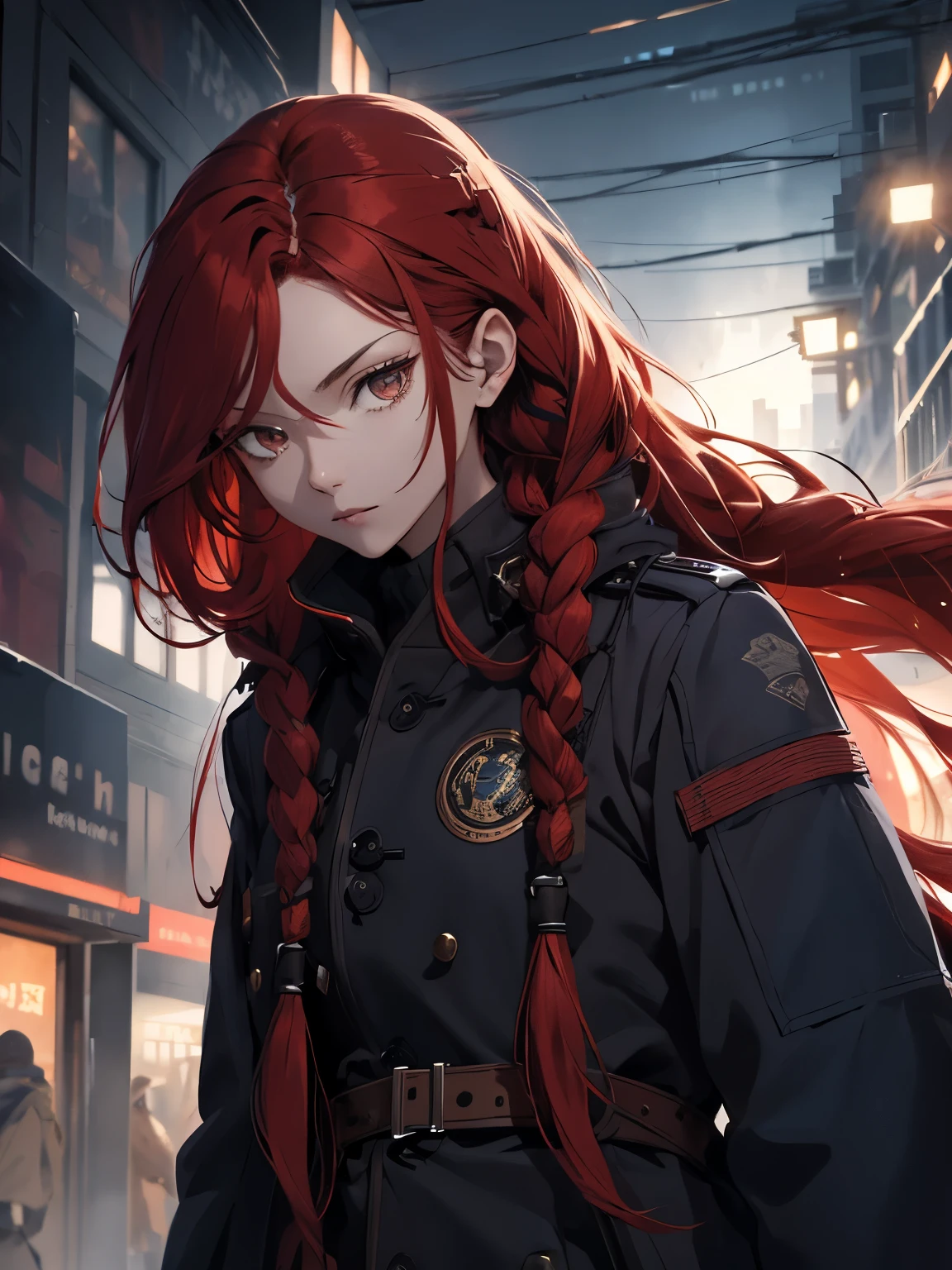 Woman, long red hair, braids, messy hair, brown eyes, light in the eyes, women's overcoat, blue katana, uniform clothes, dark city with broken background, locks of hair