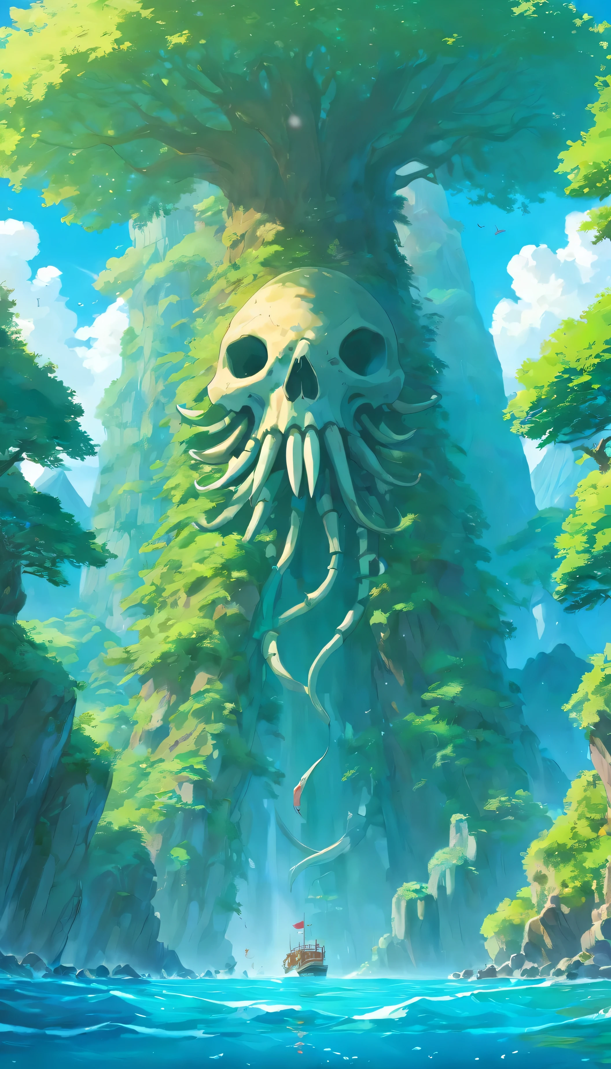 On the other side of the island lies the giant skeleton of a sea monster..，sea island，island group，underwater water element，majestic like the bones of a huge animal，wonderful，A wyvern descends，Ultra-long viewing angle，with panoramic view，highest quality，island background，core behemoth island，look around the viewpoint、giant cherry tree