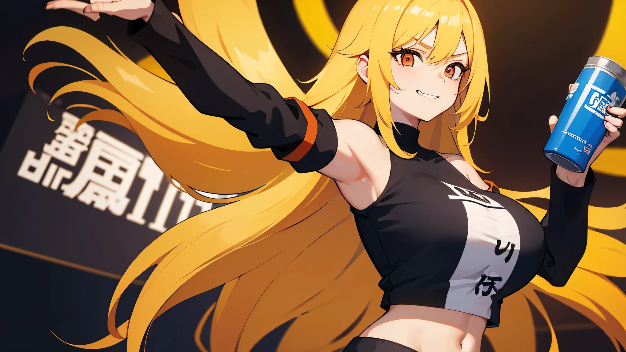 one woman,black t-shirt,Are standing,,((big breasts)),beautiful face,grin,long hair,straight hair,yellow hair,Orange red eyes,Navajo white background color,From before,anime style,high quality,American
