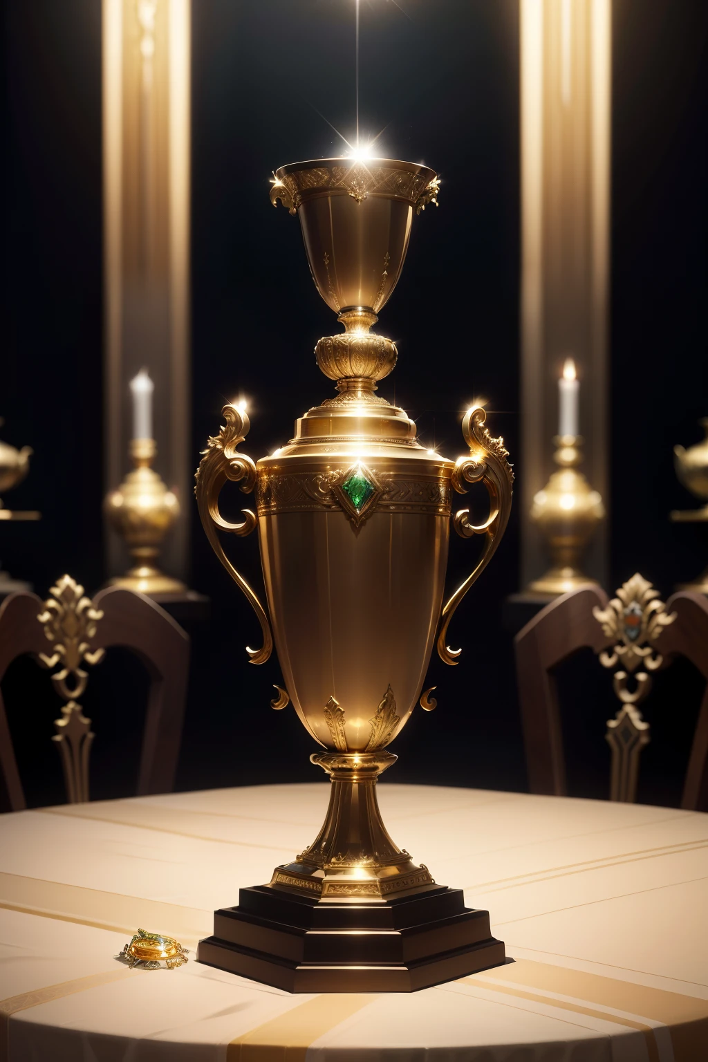 The super important championship trophy object, a champion cup bathed in gold and embellished with radiant emeralds, sits proudly on the table. Its intricate design, a diffusion of light reflecting off its smooth surface, highlights its uniqueness as a magnificent and cherished piece. Absent of any characters, it stands as the featured object, symbolizing triumph and excellence.