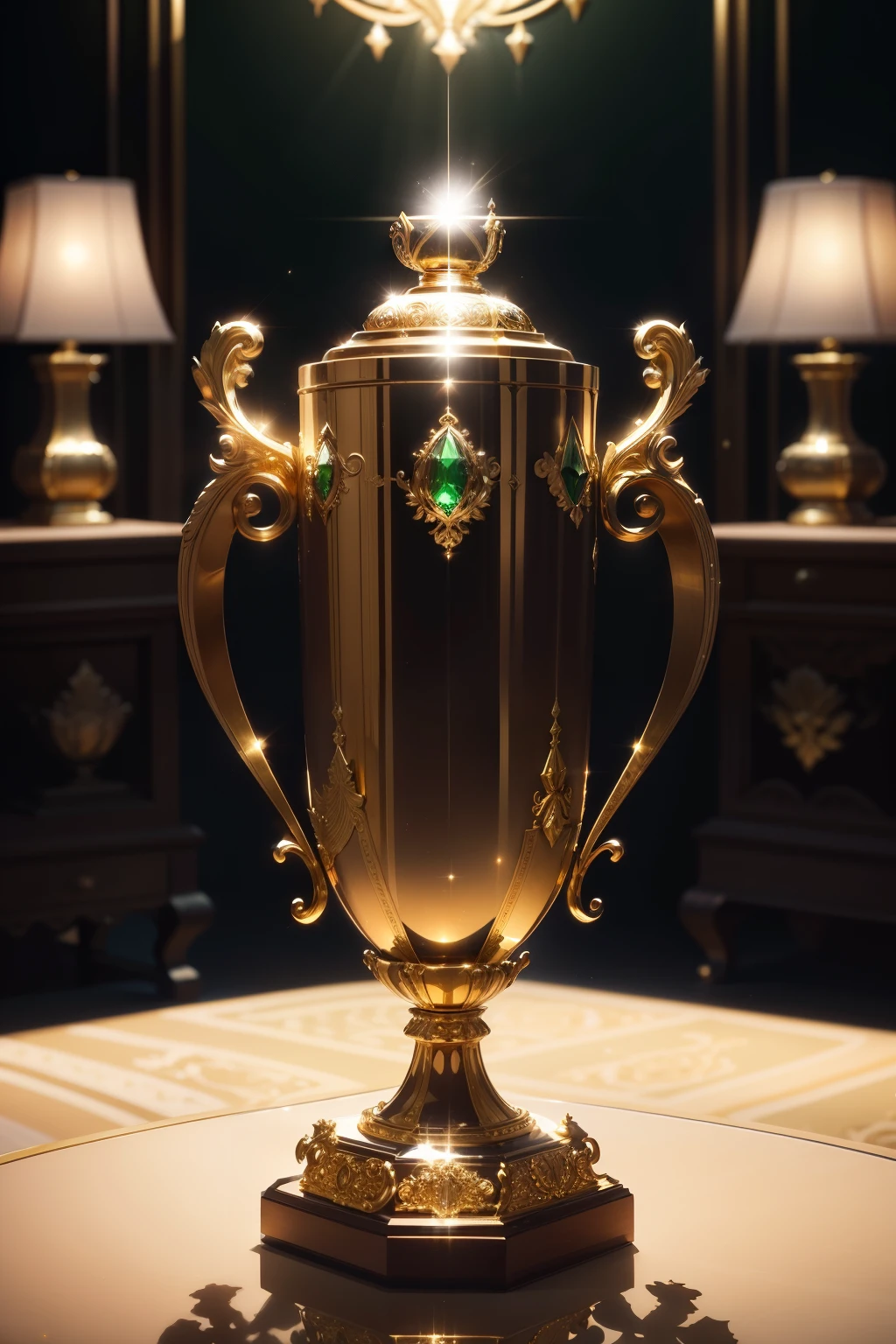 The super important championship trophy object, a champion cup bathed in gold and embellished with radiant emeralds, sits proudly on the table. Its intricate design, a diffusion of light reflecting off its smooth surface, highlights its uniqueness as a magnificent and cherished piece. Absent of any characters, it stands as the featured object, symbolizing triumph and excellence.