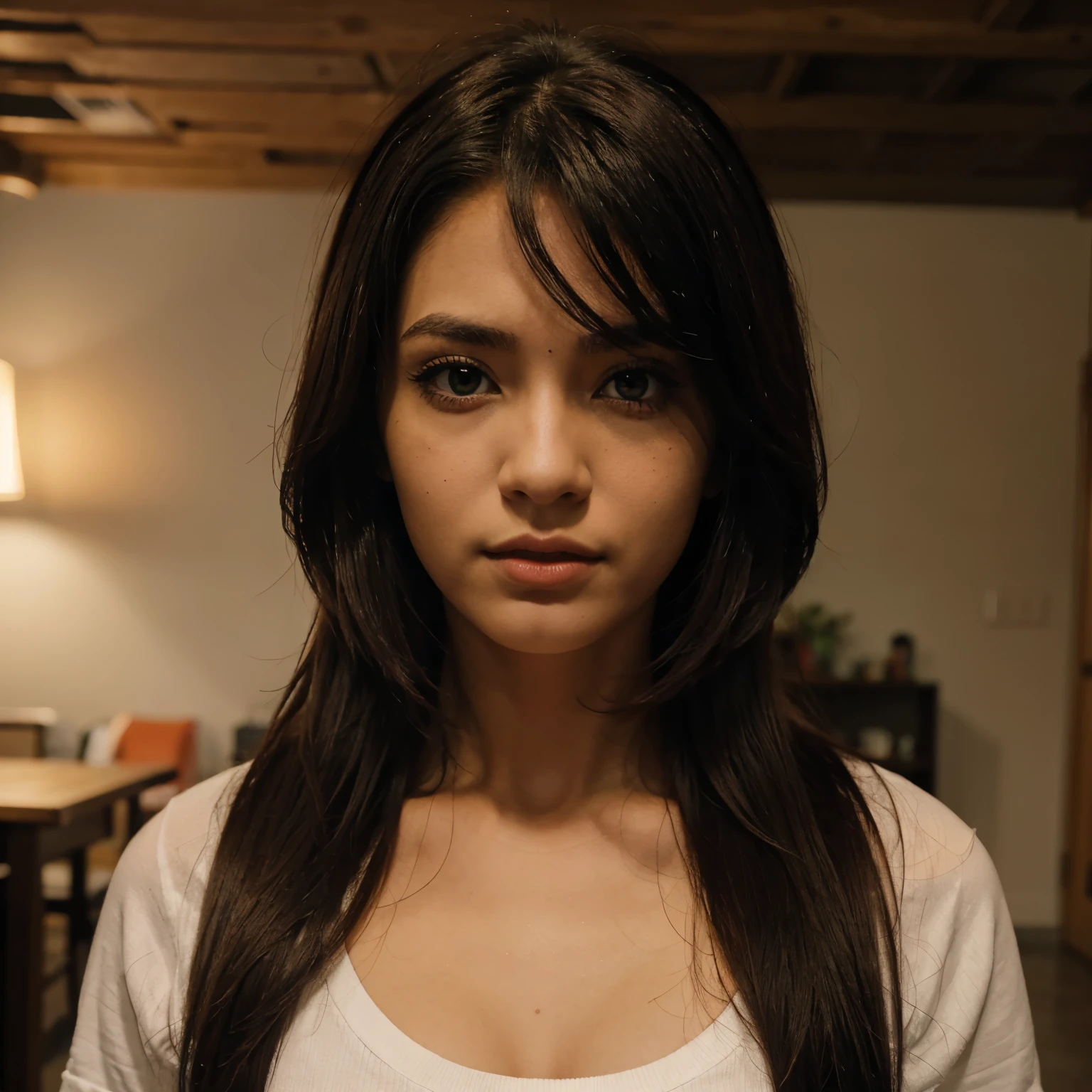 Personaje de anime con pelo negro ondulado, ojos grandes color verde, con ojeras rojas debajo de sus ojos y un sonrojo en las mejillas y labios rojos