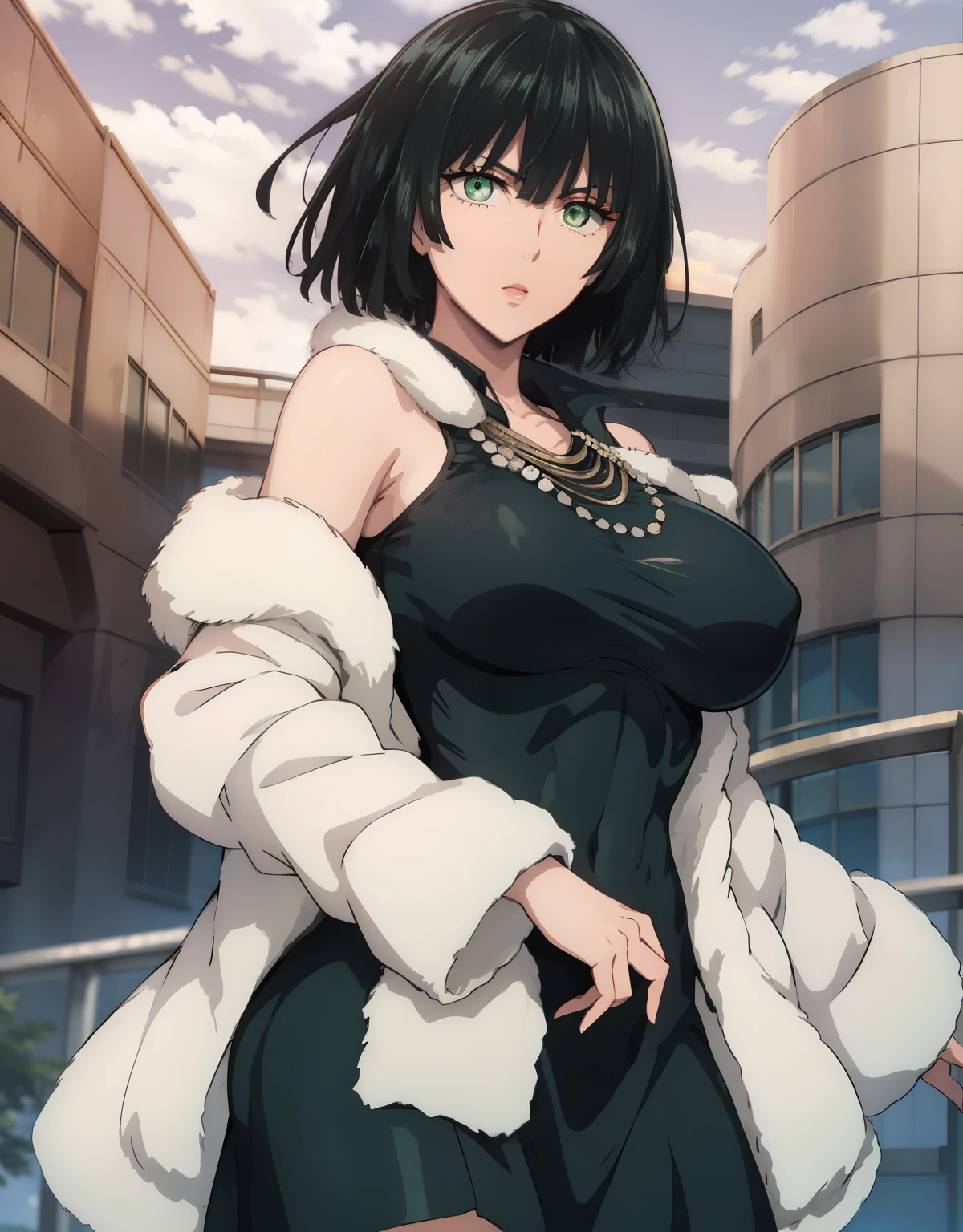 fubuki, fubuki, black hair, (green eyes:1.5), short hair, BREAK black dress, dress, fur coat, high collar, jewelry, necklace, off shoulder, taut clothes, taut dress, BREAK outdoors, BREAK looking at viewer, (cowboy shot:1.5), BREAK (masterpiece:1.2), best quality, high resolution, unity 8k wallpaper, (illustration:0.8), (beautiful detailed eyes:1.6), extremely detailed face, perfect lighting, extremely detailed CG, (perfect hands, perfect anatomy),