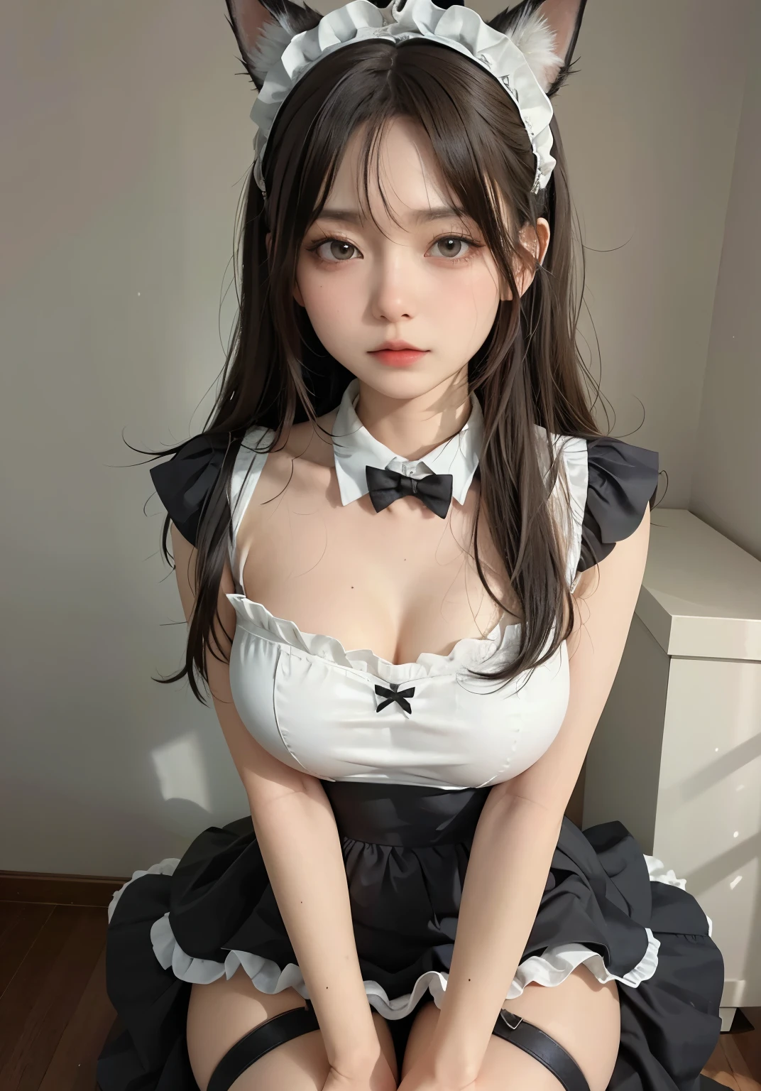 big deal ，丰满的cat ears，，livestock，Thigh width，Lopp，，白色maid outfit，japanese lady，lovely maid，cat ears的女人，harness，Kangjie，realistically，emphasize，top quality，masterpiece，1 girl 1 girl，curls，Pale complexion，cat ears，cat eyeball，thick eyebrows，thick lips，There is a scar on the right eye，freckle，，small waist，Thigh width，thigh gap，，maid outfit，，，big dealboobediuml breasts，Legs sweat，，，best quality，masterpiece，ultra high resolution，（Fidelity：1 girl.4 pieces），original photo，1 a girl a girl，Mature，，Light，moody，Innocent