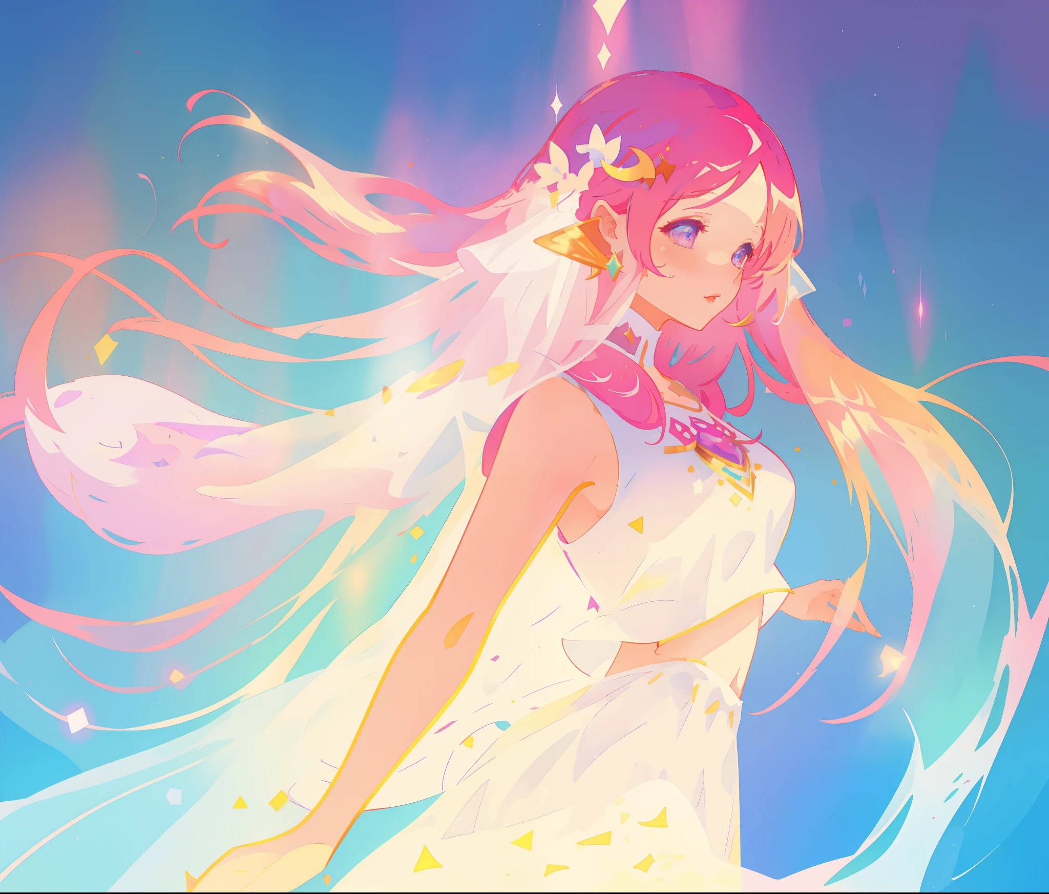 beautiful girl in white arabian two-piece dress, (arabian princess), (arabian dancer), (fantasy arabian dress), long colorful sparkling pink hair, watercolor illustration, Lois van Baarle, glowing aura around her, Glen Keane, jen bartel, glowing hair, beautiful digital illustration, fantasia background, beautiful, masterpiece, best quality, anime disney style, (detailed eyes), golden ratio, perfect composition